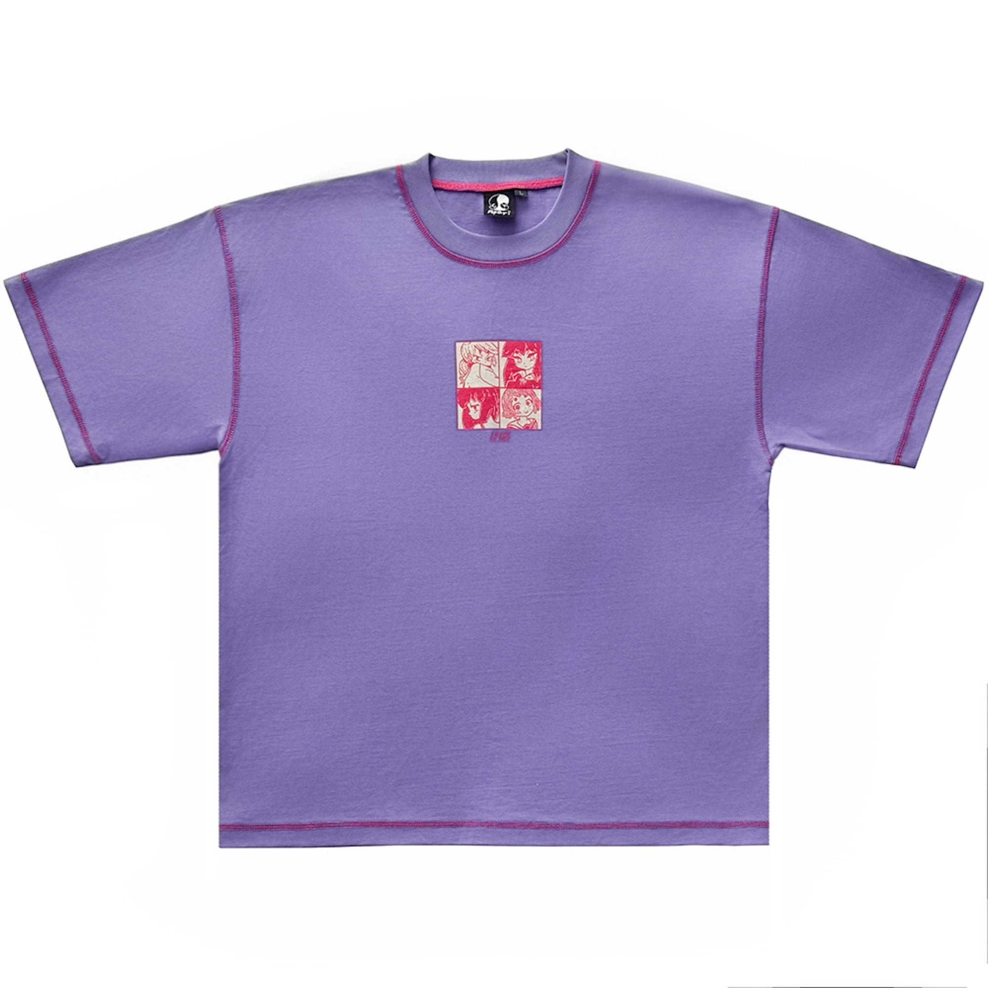 a purple shortsleeved tshirt with an anime manga graphic in the center. the shirt has a crew neck and a pink trim.