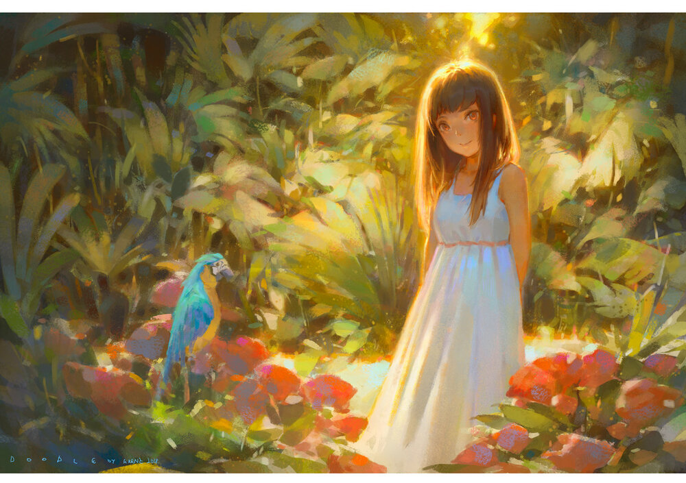 the digital painting showcases a young animestyle girl with long brown hair, wearing a flowing white dress. she stands serenely in a vibrant tropical garden filled with lush green foliage and red flowers. a blue and yellow macaw is perched nearby.  the scene is bathed in warm, golden sunlight, creating a dreamy and peaceful atmosphere. the art style is impressionistic, with visible brushstrokes and a focus on capturing light and color. the artist's signature "doodle by kreh" is subtly visible in the bottom left corner.