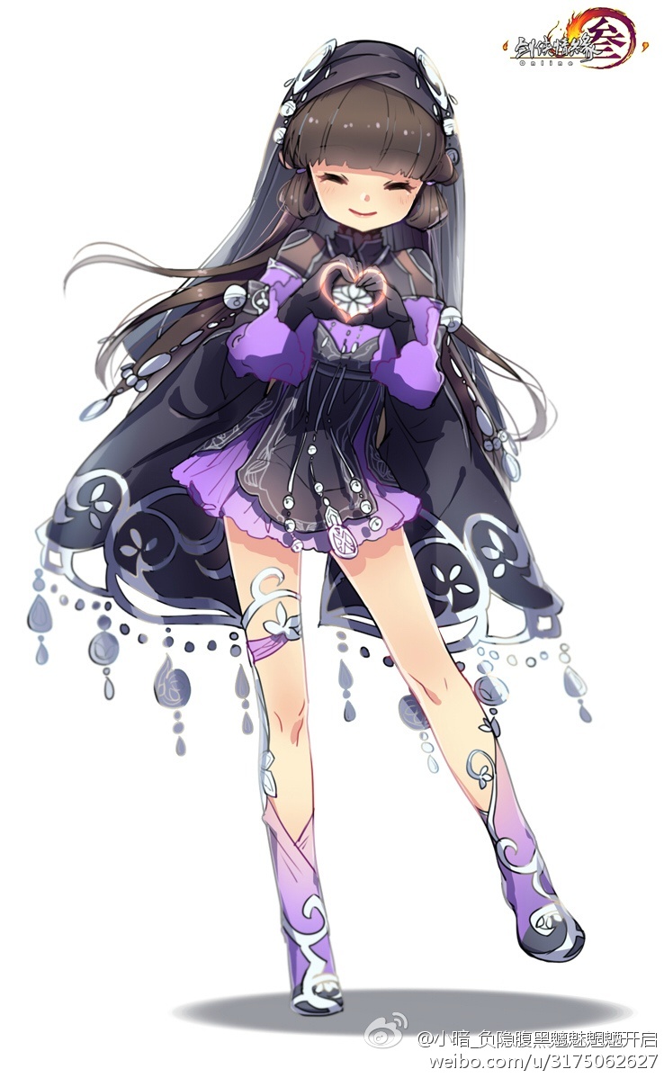 a digital illustration of a young girl with purple eyes, long brown hair with purple highlights, wearing a purple and black dress with a long black cape. the girl is holding a heart in front of her, smiling, and wearing long purple and white boots with jeweled accents. she is standing in a fantasy setting with a white background. she is wearing a decorative headband, a small white collar, and a matching belt. she is surrounded by a magical aura and looks very magical.
