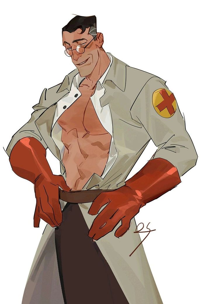 a digital fanart of the medic from team fortress 2. the artwork depicts the medic shirtless, wearing only his lab coat and red gloves, his muscles are clearly visible. his expression is smirking, and he appears to be playfully adjusting his clothing. the art style is stylized and slightly cartoonish, with soft shading and a focus on character design.  the background is plain white, focusing all attention on the character.