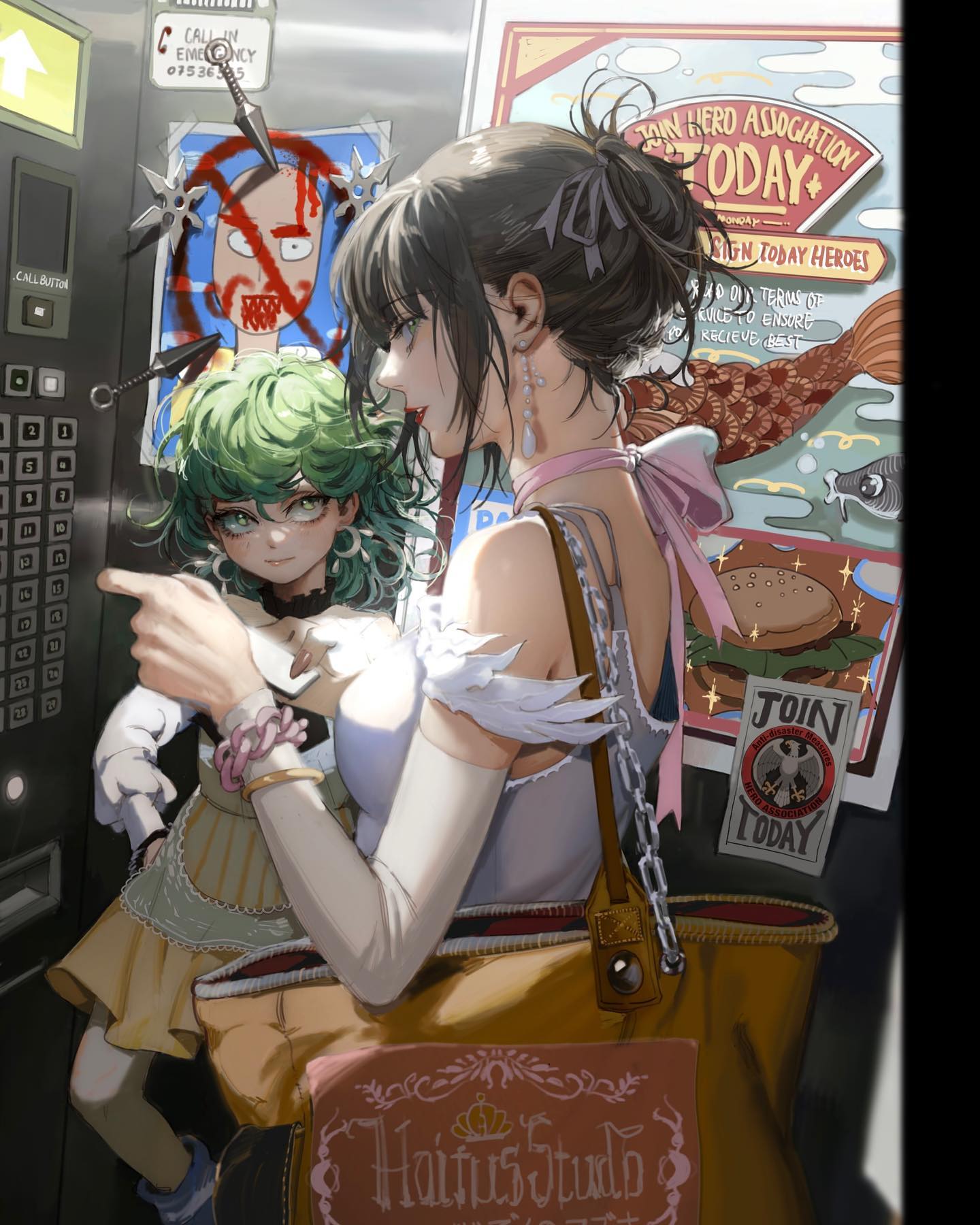 he image is a digital painting or illustration of two animestyle girls in an elevator. the girl in the foreground is older, with long brown hair styled in an updo, and she's wearing a lightcolored dress and carrying a large, light brown handbag with a pink tag that says "hainus studio". she's holding a smaller girl with bright green, short hair. the smaller girl is wearing a more frilly, cute outfit.  the elevator features a call box and posters on the walls, one of which seems to promote a "hero association".  the overall style is a mix of cute and slightly edgy, with elements of cyberpunk and fantasy. the image is richly detailed and vibrant.