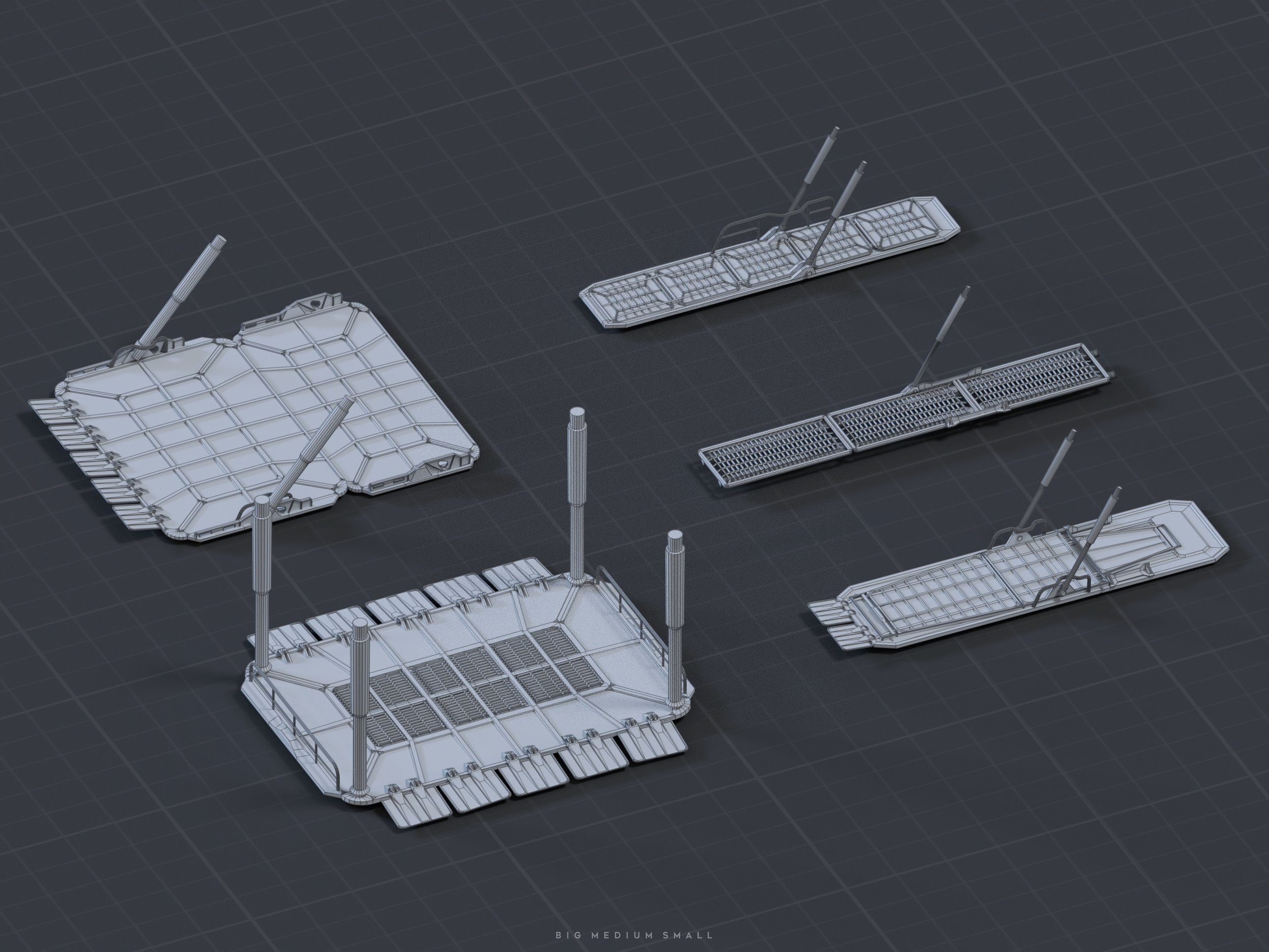 the image displays a 3d wireframe rendering of five different modular platforms or docking stations, potentially for spacecraft.  they vary in size – labeled "big, medium, small" in the bottom right – and design, each having a gridlike surface and supporting legs or struts. the platforms are shown against a dark grey grid background, giving a technical, blueprintlike feel. the wireframe style allows the viewer to see the underlying structure and design of each platform.  the overall impression is that of game assets or elements of a scifi setting.