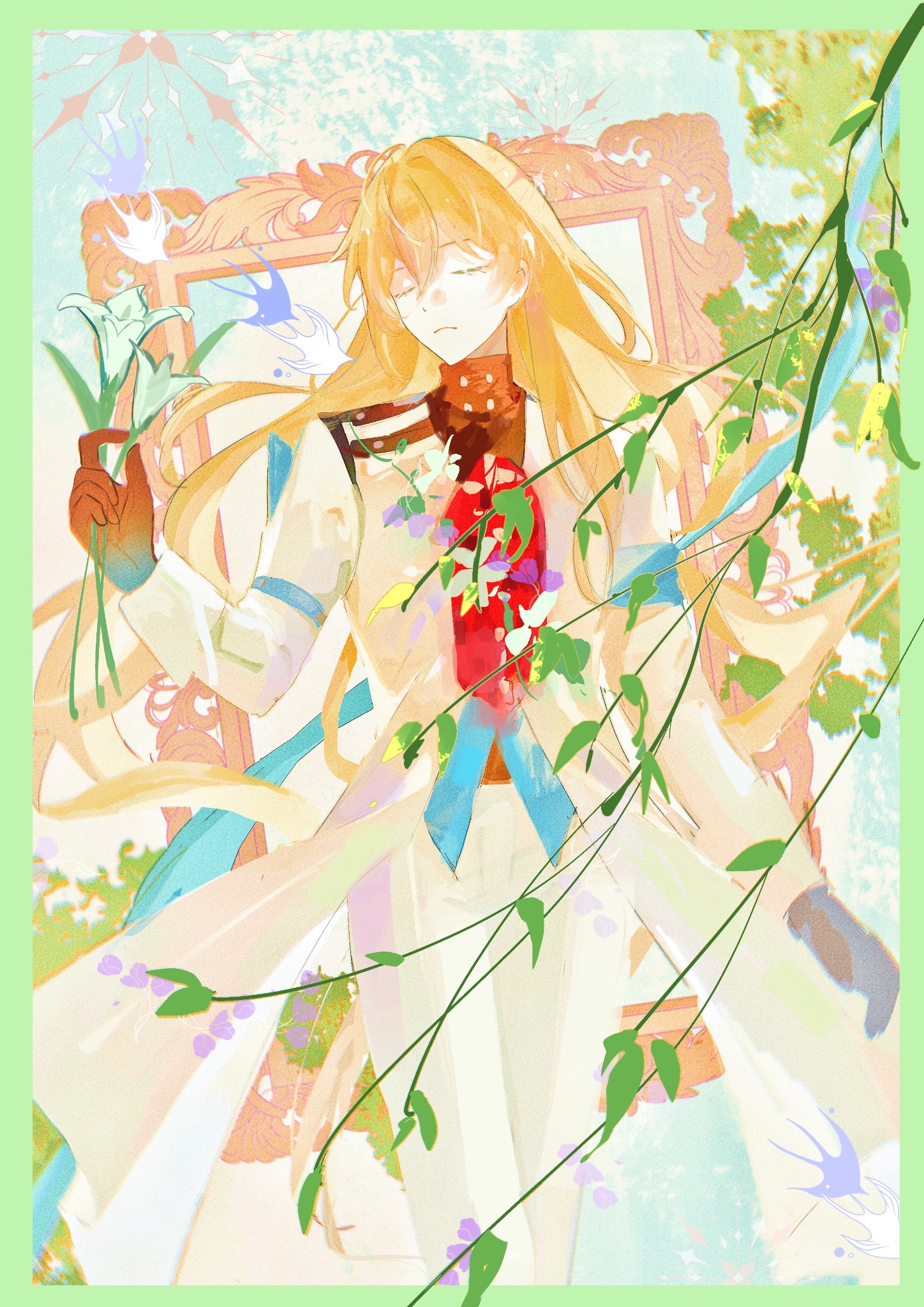 the image features an anime girl with long blonde hair dressed in a white dress with blue accents. she is surrounded by vines with flowers and butterflies, giving the image a magical and whimsical feel. the girl has her eyes closed and is holding a bouquet of white flowers. the background is soft and pastel, with shades of green, pink, and blue. overall, the image creates a dreamy and ethereal atmosphere.