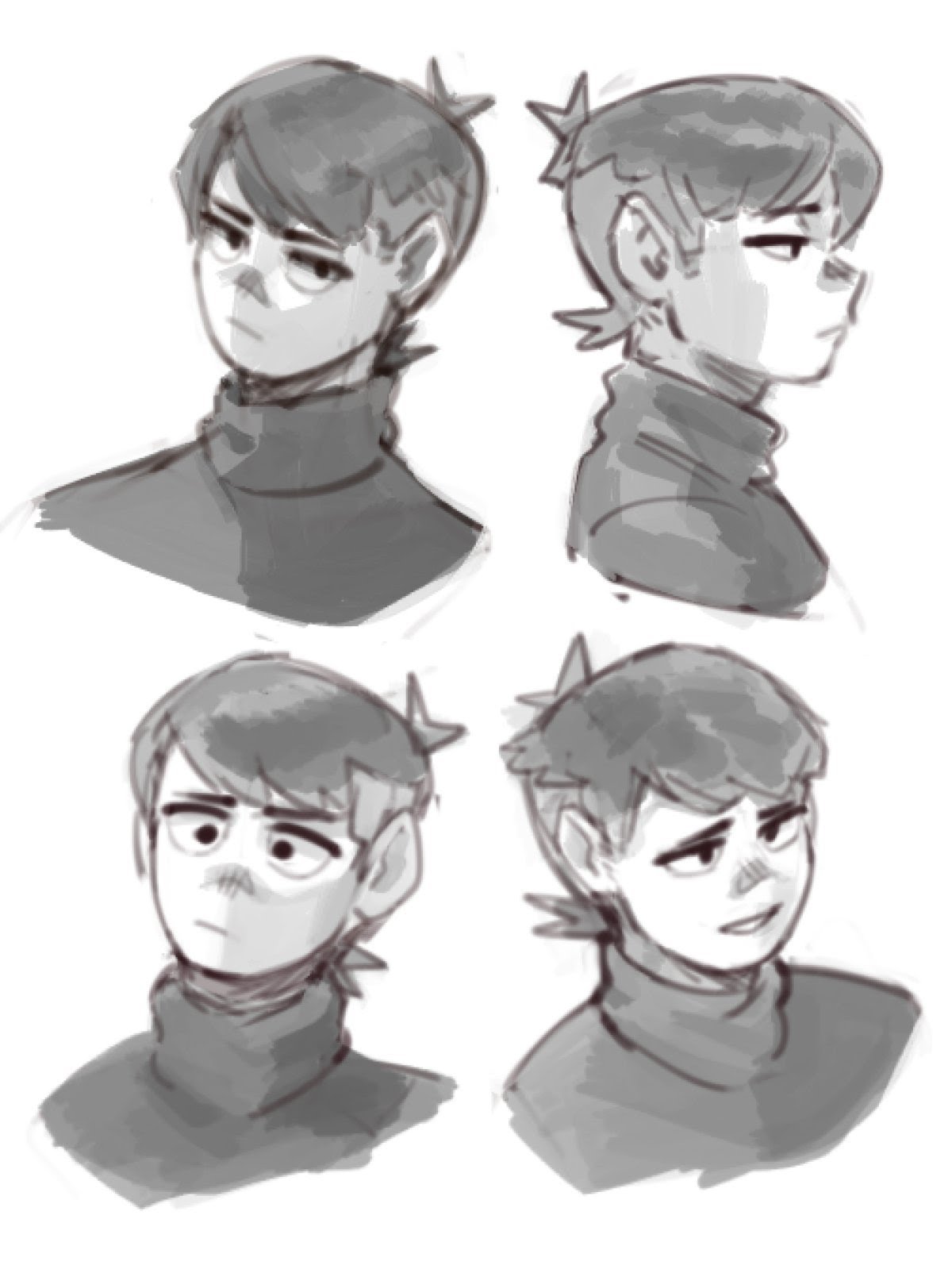 this image shows four different sketches of a young cartoon boy. the boy is drawn in a stylized anime art style with a round face, large eyes, and slightly messy hair. the sketches show the boy from different angles and with different expressions. the boy is wearing a high collared grey sweater. the sketches appear to be done digitally using a handdrawn style.