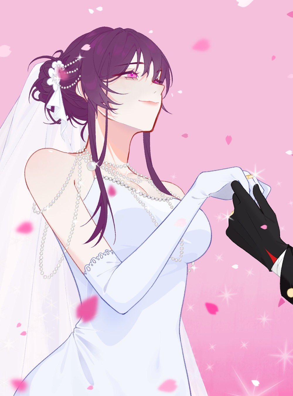 the image is an illustration of a bride in a white wedding dress, she is smiling and looking up. there are pink flowers falling around her and she is wearing a pearl necklace and white gloves. the bride has long purple hair and pink eyes, and the background is pink. this illustration is likely from an anime or manga series, where the bride is getting married to someone offscreen.  the image is full of romantic imagery, showcasing the beauty and happiness of a wedding.