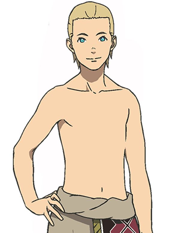 this is a digital illustration of a male anime character. he has blonde hair and blue eyes, and is wearing a simple wrap around his waist.  he has a bare chest and torso. he is drawn in an anime style, which is characterized by large eyes, exaggerated features, and dynamic poses.