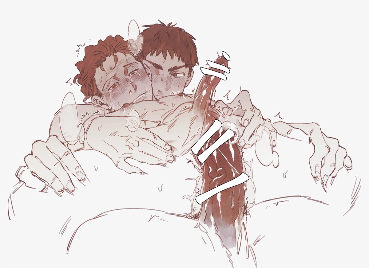 a sepiatoned drawing depicting two men in an intimate embrace. one man is visibly crying and appears distressed, while the other man holds him close. the drawing features explicit sexual content, depicting the couple engaging in sexual activity. the style is reminiscent of manga or anime artwork.  the lines are loose and expressive, creating a sense of movement and emotion. the overall mood is both tender and intense.