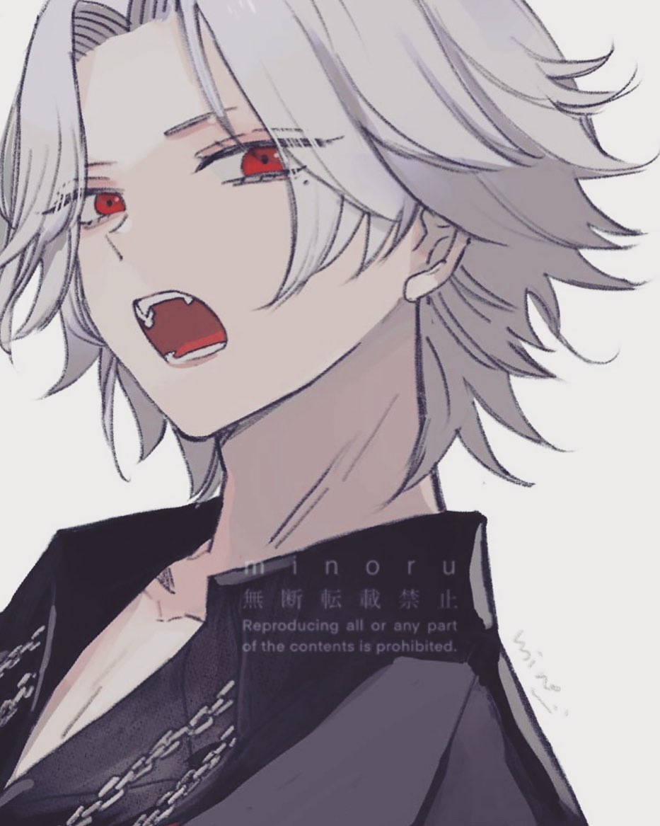 the image is a closeup digital illustration of an animestyle male character. he has long, flowing white hair, striking red eyes, and prominent fangs, suggesting a vampire or similar character design. he's wearing dark clothing accented with chains, giving off a gothic or edgy vibe. his expression is intense and somewhat menacing.  the artist's signature "inoru" is visible, along with a copyright notice prohibiting reproduction. the style is clean and detailed, typical of modern anime and manga art.