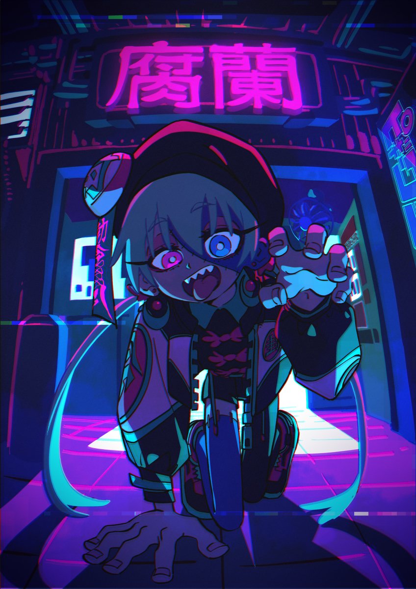 he image showcases a vibrant, animestyle illustration of a girl with striking features. she's positioned in a dynamic, lowangle pose at the entrance of a building adorned with neon signs, suggesting a futuristic, cyberpunk setting. the girl's attire, featuring bold colors and cyberpunk accessories, further enhances the overall theme. the image is awash in a neon color palette, creating a visually captivating and energetic scene.