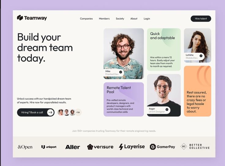 the image is a webpage screenshot of a website that helps companies find remote workers. the website is called "teamway" and the website copy claims that it is trusted by over 150 companies. the image shows a section of the website that describes the company's "remote talent pool" of developers, designers, and product managers. the website boasts about how "prevetted" the workers are and that they have worldclass technical and communication skills. the image also highlights how easy it is to adjust the team size as needed. the webpage is full of happy, smiling faces of workers. the website copy highlights that the website makes hiring remote workers a "quick and adaptable" process. the website copy also assures that the hiring process is free of "crazy fees or legal hassle."