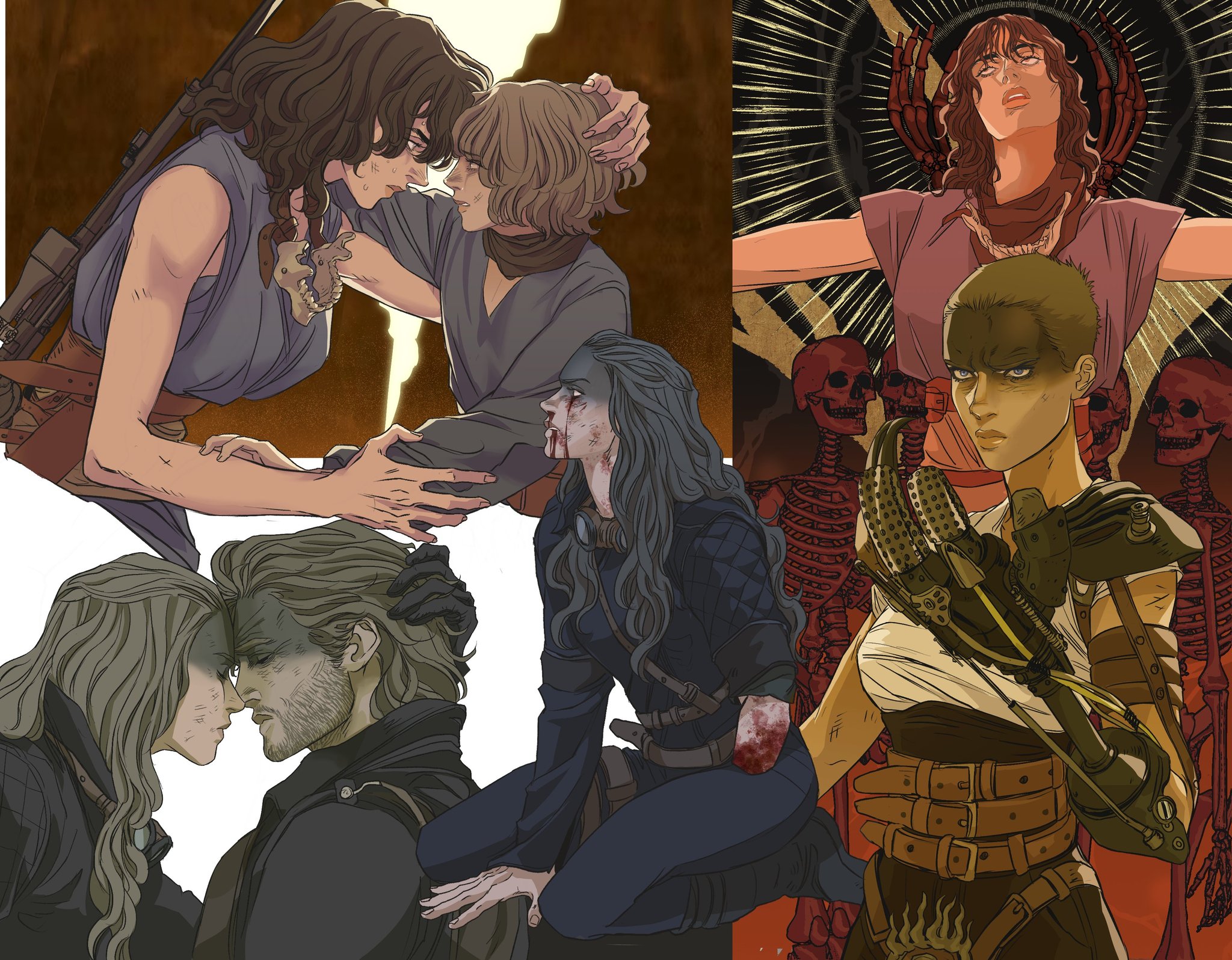 the image is a compilation of digital artwork, featuring illustrations of various characters and scenes that appear to be drawn from fantasy, science fiction, or postapocalyptic settings. several scenes depict women in close embraces, showing tenderness and love. there are also characters displaying battle wounds, weaponry, and mechanical prosthetics, suggesting a dystopian or conflictridden environment. the overall style is reminiscent of graphic novels or comic books.