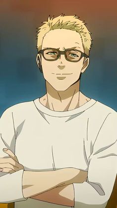 zeke yeager from attack on titan smirks while looking at the viewer with his arms crossed. the background is a tan color. he is wearing a white shirt, and his blonde hair is short and styled upwards.  he is also wearing round glasses.