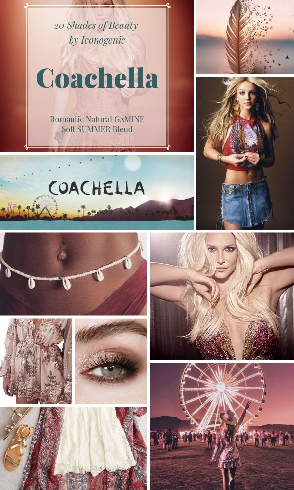 this image is a collage of various images relating to a coachellathemed beauty and fashion aesthetic. the images include a title card reading "20 shades of beauty by iconogenic coachella romantic natural gamine soft summer blend," closeups of glittery eyeshadow, clothing, and a seashell belt, a view of the coachella ferris wheel and festival crowd, and a picture of britney spears.