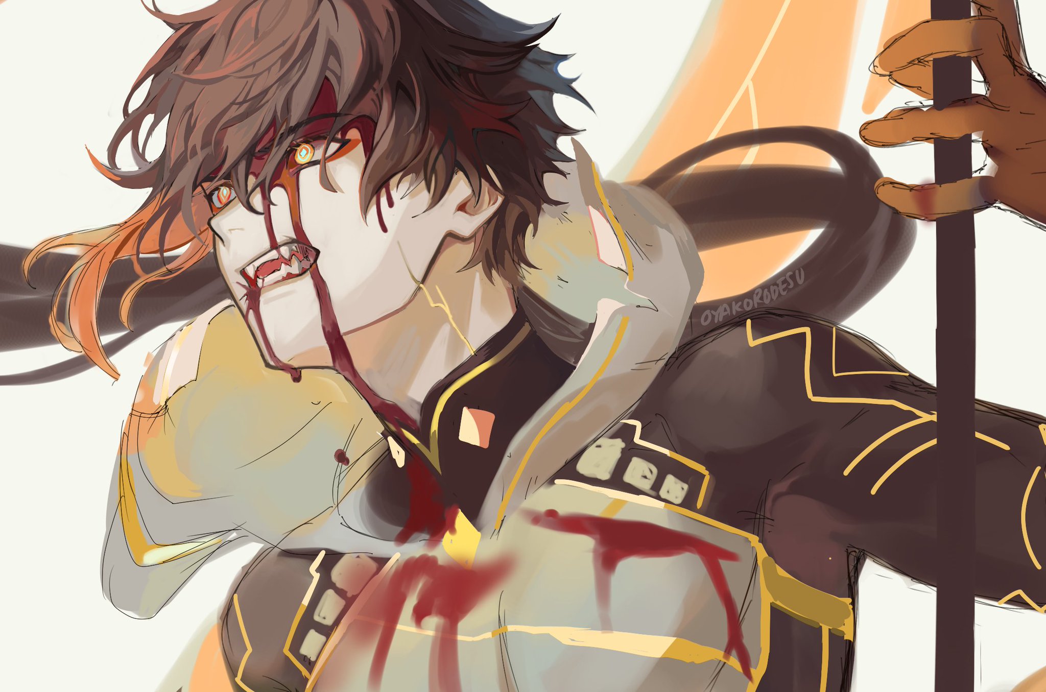 a male anime character with brown hair and eyes, wearing armor. he's wounded, with blood on his face and clothes, and has a fierce expression on his face as he grips a spear. the background is blurred and has a warm, yellow tone.