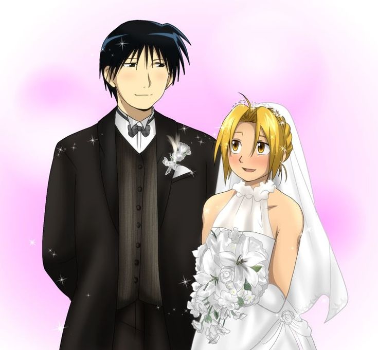 the image is a digital fanart depicting ling yao and winry rockbell from fullmetal alchemist dressed in wedding attire. ling is in a black tuxedo, and winry is wearing a white halterneck wedding dress with a long veil. they are standing close together, holding a bouquet of white flowers. the background is a soft pink with a gentle sparkle effect. the style is consistent with anime and manga art, emphasizing large eyes and a stylized portrayal of emotion. the overall mood is romantic and celebratory.