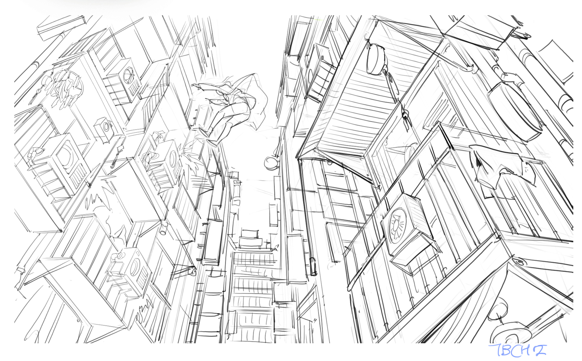 this image is a black and white sketch showing a highangle perspective of a narrow city street. buildings line both sides of the alley, with various details like air conditioning units and window structures visible.  a figure appears to be falling or jumping from a rooftop in the center of the image. the style suggests concept art, possibly for animation or a video game, with a focus on detailed architectural rendering. the sketch is heavily detailed but remains in a rough, unfinished style.  there's a signature or watermark visible in the bottom right corner.