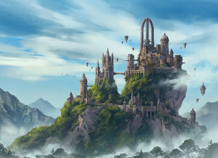 the image portrays a grand fantasy castle perched atop a mountainous landform, possibly a plateau or a hill, set against a backdrop of a light blue sky dotted with fluffy clouds. the castle is composed of a variety of architectural elements, including towers, spires, archways, and fortified walls, conveying a sense of medieval grandeur. parts of the landscape are covered with lush greenery, adding to the scenic beauty. in the background, additional mountain ridges are visible. several small landmasses appear to be floating in the sky around the castle, giving the scene a magical, otherworldly quality. a bridge connects two parts of the castle complex, and a flock of birds is seen in flight. the overall composition suggests a high vantage point looking towards a majestic and enchanting fortress.