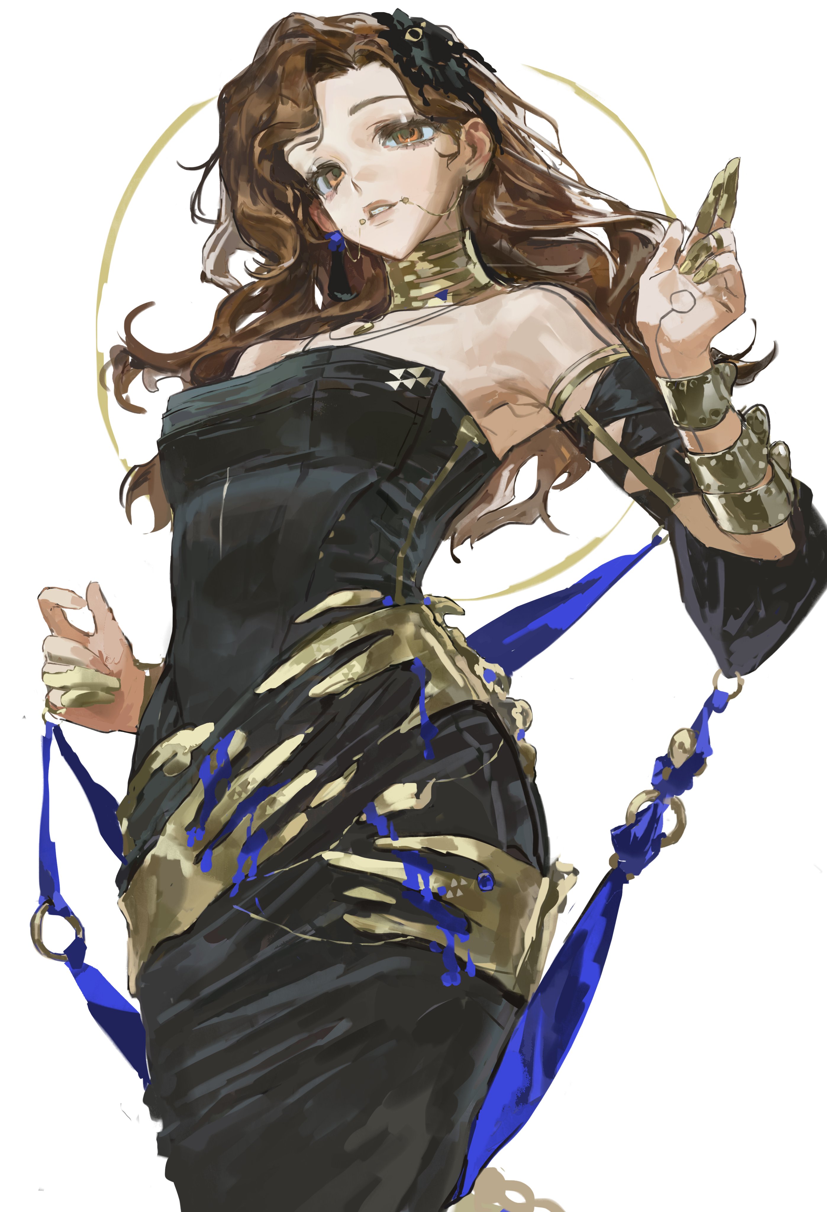 he image is a digital painting or illustration of a stylized anime or fantasy woman.  she has long brown hair, fair skin, and is wearing a dark, elegant dress with gold detailing and blue accessories. the dress is formfitting and shows off her figure. her expression is confident and slightly enigmatic. the art style is painterly, with loose brushstrokes and visible texture, giving it a dynamic and expressive quality. the background is plain white, allowing the character to be the focus of the image.  the overall mood is one of elegance, mystery, and perhaps even a touch of otherworldliness. the detailing on the dress, jewelry, and hair is intricate.  the character appears graceful and poised in her pose.