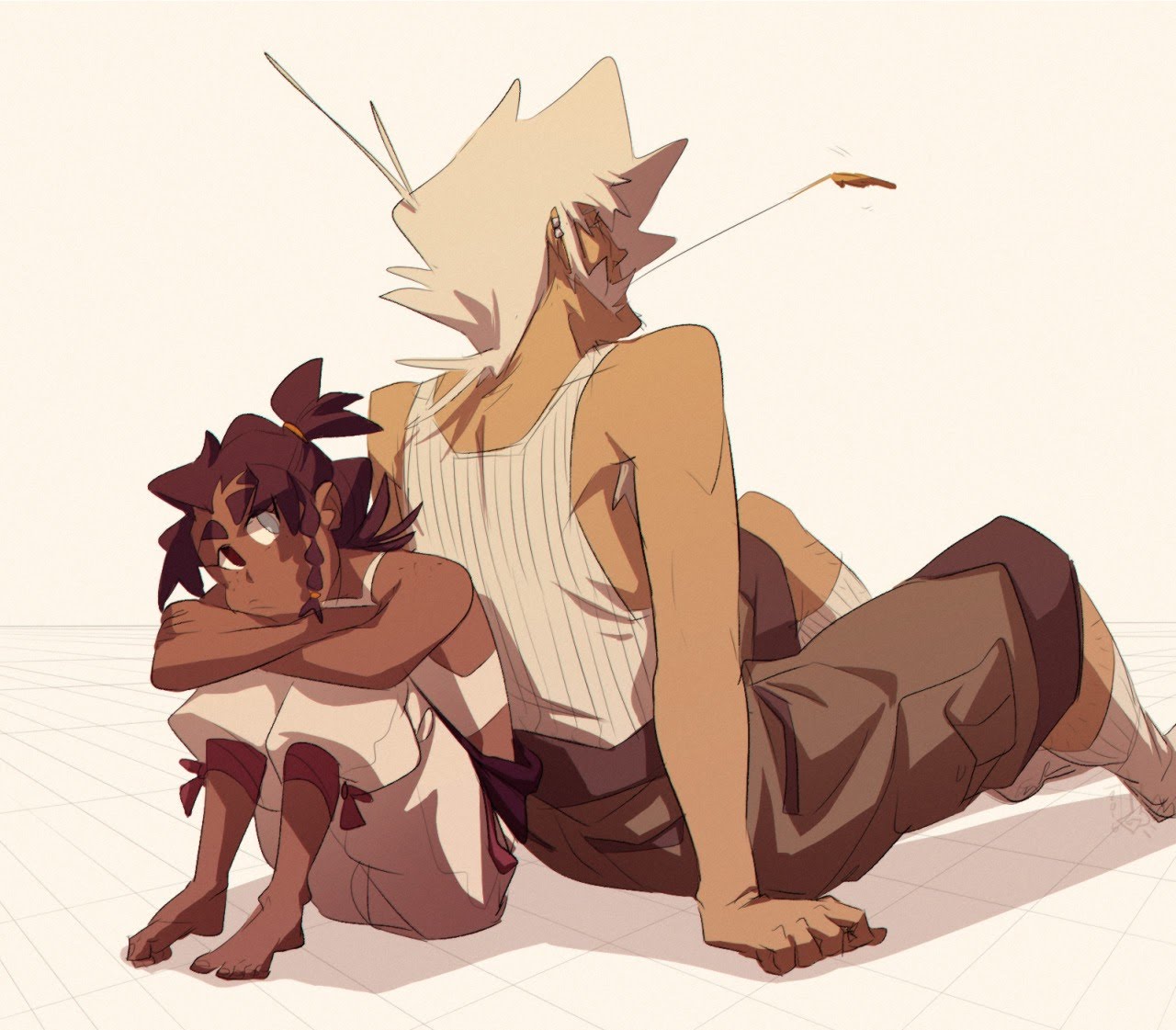 this is a digital illustration of a man and woman sitting on a white tiled floor. the man is on the right and the woman on the left. the man has long white hair and is wearing white tank top with brown shorts, white socks and brown shoes. the woman is wearing a white tank top and brown shorts with white socks and black shoes. the man has a brown beard and mustache. the woman has brown hair and dark eyes. they are both looking down. the background is white.