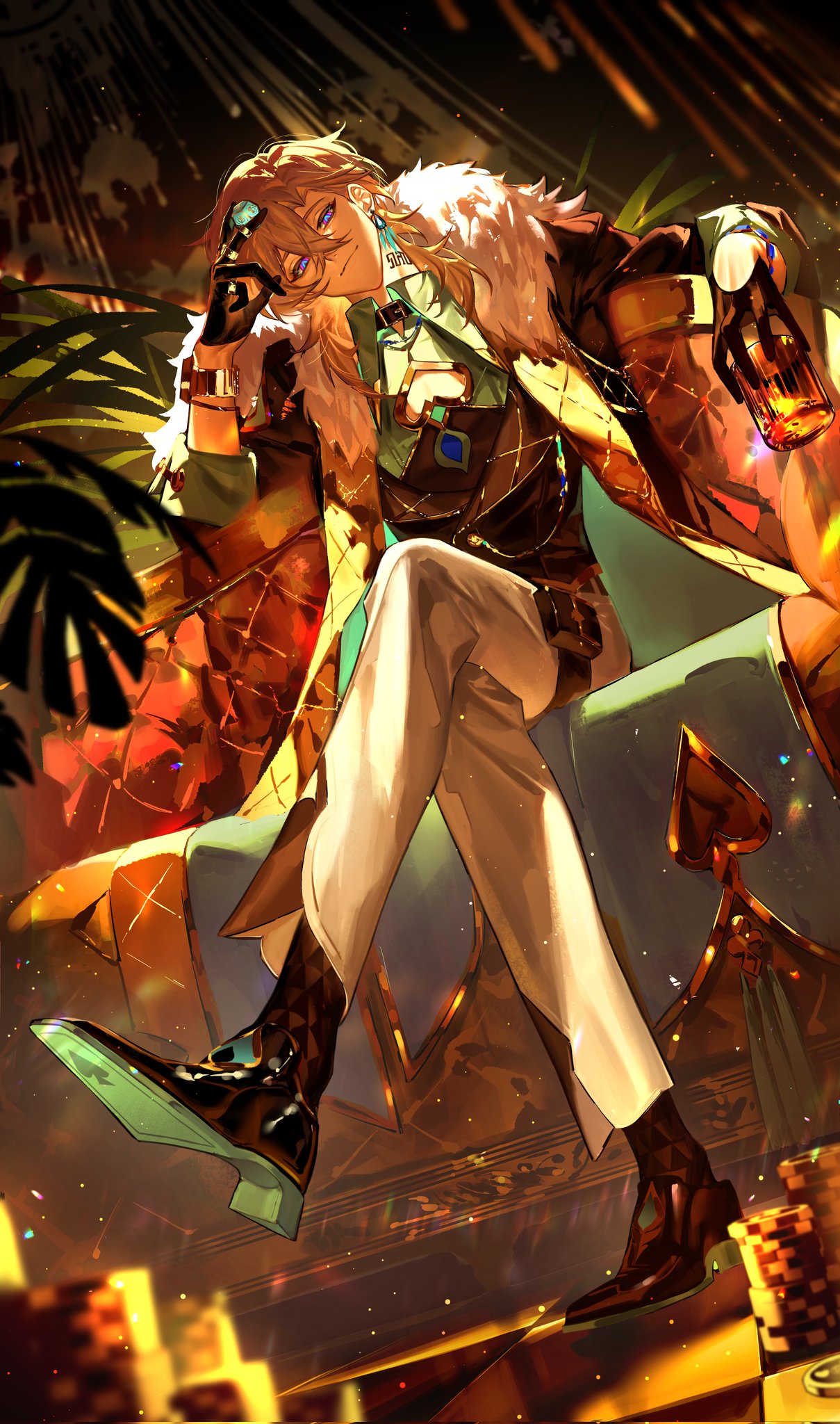 a blond haired anime man wearing a luxurious suit with fur trim, sits in a chair, holding a glass of alcohol. he wears glasses and is staring intently at the viewer.  he is surrounded by gambling cards and chips, suggesting he is in the midst of a game. the scene is lit by warm, golden light and suggests wealth and high stakes.