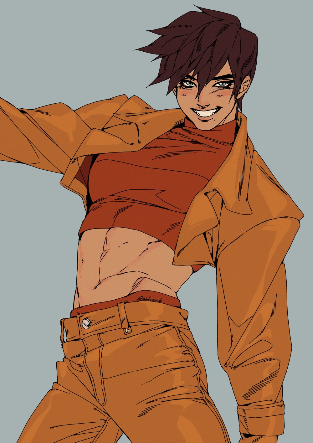 a digitally drawn portrait of a young anime male. the character is smiling and confidently posed, wearing a cropped orange shirt, a long orange jacket, and orange jeans. the background is a solid light blue color. the art style is in a typical manga style, with a focus on clean lines and expressive details.
