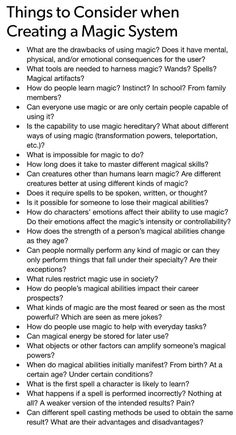 the image shows a list of questions titled "things to consider when creating a magic system."  the questions are aimed at helping writers or creators develop detailed and comprehensive magic systems for their fictional worlds.