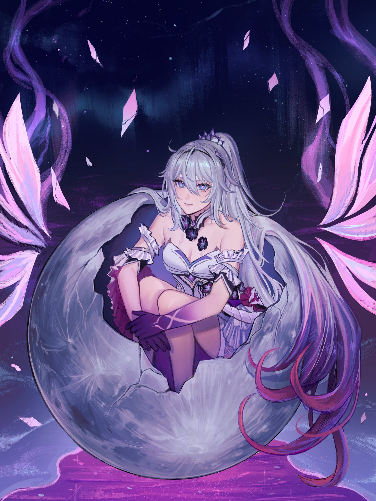a digital art illustration of an anime character, a girl with long white hair with a pink streak and a white dress, sitting on a moonshaped rock. she has wings and is in a magical setting.