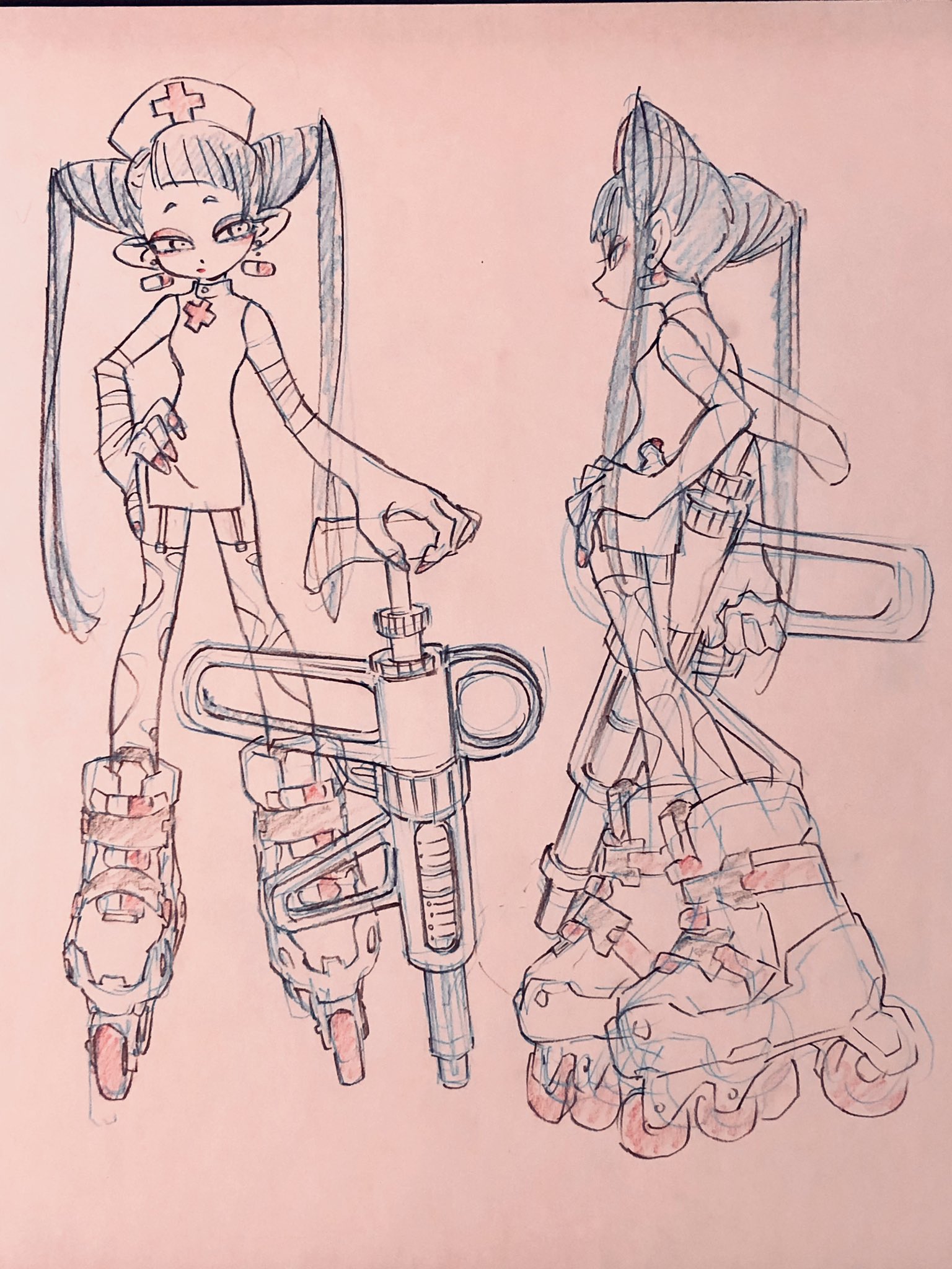 the image consists of two front and side view sketches of a character design on light pink paper.  the character is stylized, with large eyes, long twintails, and sharp teeth. the character wears a nurse's outfit, fishnet arm and leg coverings, a medical tool belt, and roller skates. they are holding a large syringe.