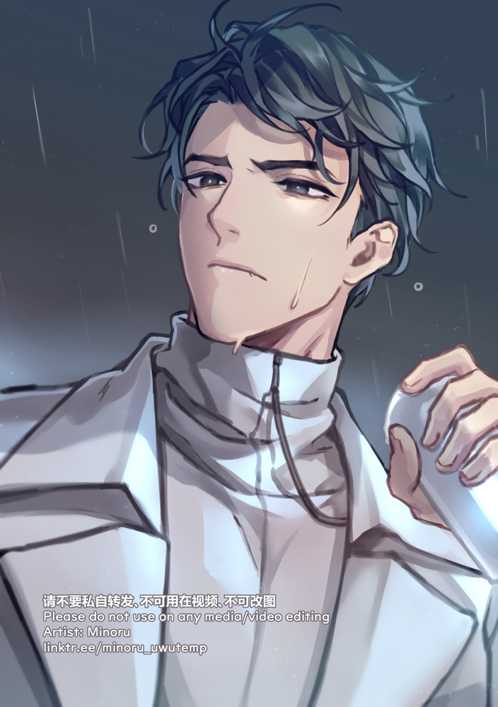 this is a digital painting of an anime boy with white hair wearing a white jacket. he looks sad and melancholy, and the rain is falling on him. he looks out at the viewer with wide, sorrowful eyes.