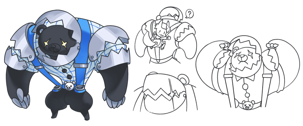this is a drawing of a cartoon bear with a metal body and a blue plaid shirt. the bear is standing and looking to the right. there are three additional sketches of the bear in different poses. one is of the bear hugging a smaller bear. the second sketch is of the bear with its arms extended. the last sketch is just of the head of the bear, as if the bear is sticking out of the page.  the drawing is in black and white, except for the bear's eyes, which are sparkly blue. the background is a white.