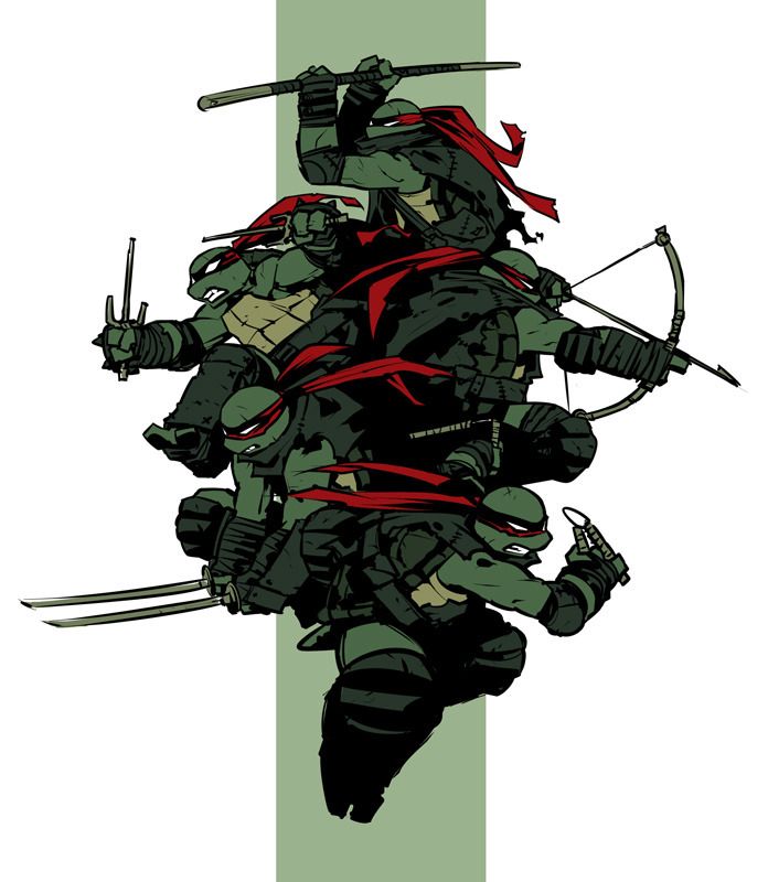 this is a stylized illustration of the teenage mutant ninja turtles, all four of them. they are in a fighting stance, each with their signature weapons. the background is a solid green, and the turtles are silhouetted against it. the image is in a vector style.