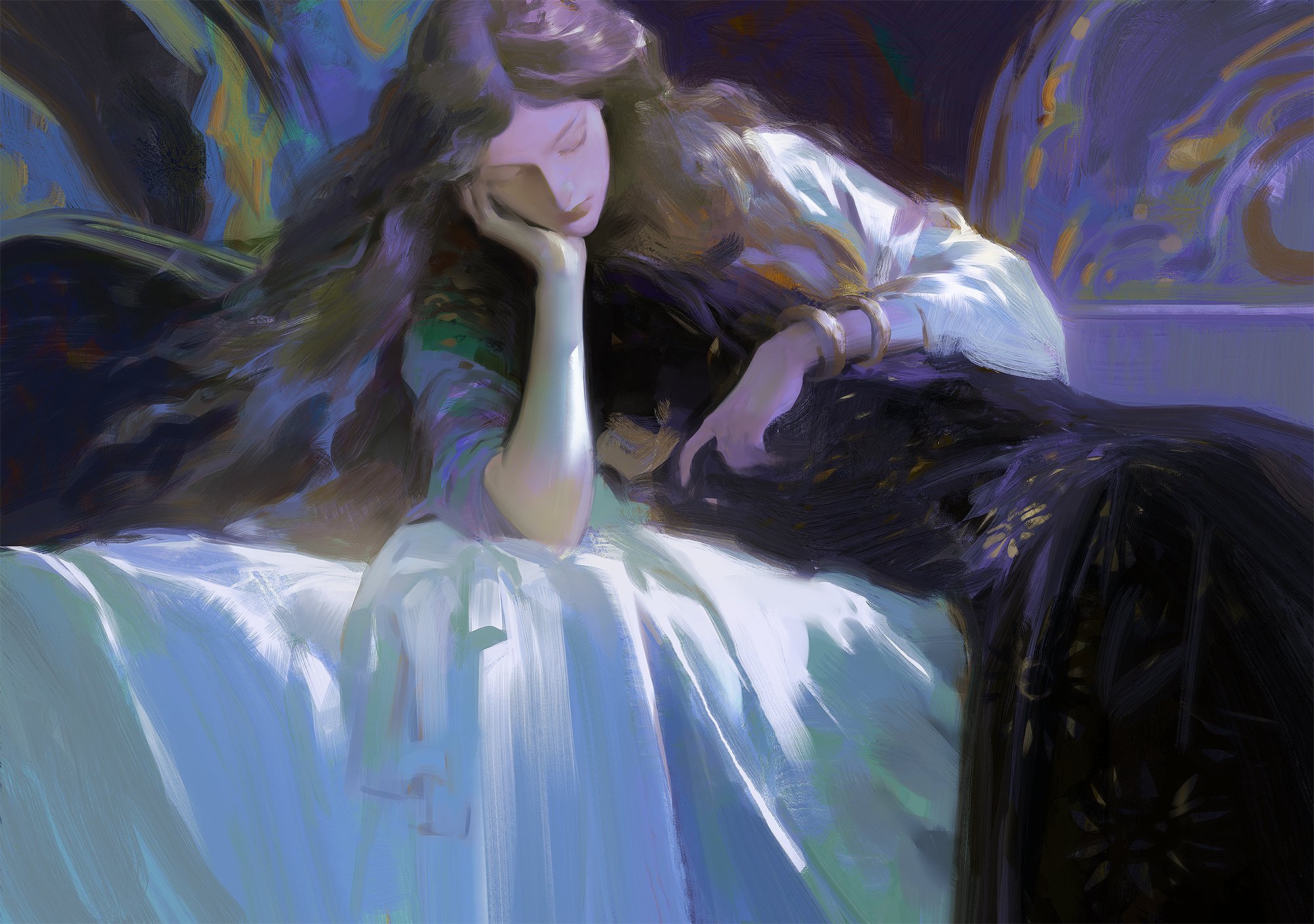 a woman with long dark hair is lying on a bed. she is wearing a white robe with a hint of blue and green. she has her hand on her face and is looking away. the bed is covered in a white sheet and the room is decorated with a blue and purple color scheme. the lighting is soft and the image has a dreamlike quality.  the background is a blurred, dreamlike setting, with swirls of blue and gold.