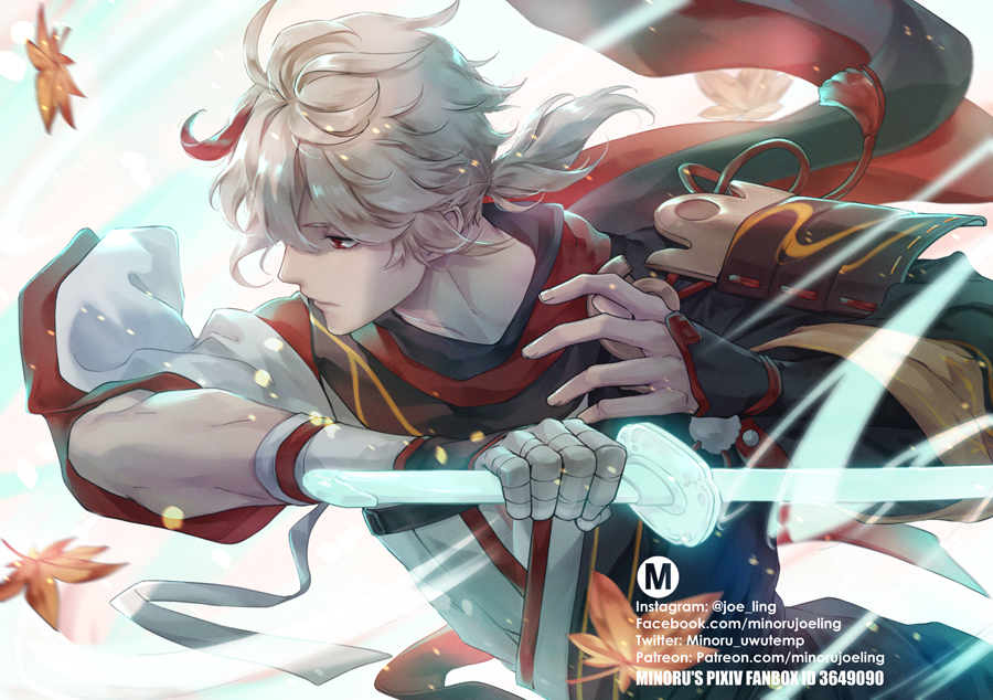 this is a digital art illustration of an anime or manga character, a young man with long white hair and red eyes. he's wearing a traditional japanese kimono with a combination of white and red, with the red being the main color.  the man is holding a sword, or katana, in his hands, which is blurred, suggesting motion. it looks like he's in the midst of attacking or defending. the artwork is set against a backdrop of swirling leaves and a light, translucent background that adds a sense of movement and energy. the overall style is visually striking, featuring dynamic poses and expressive details that emphasize the character's power and agility.