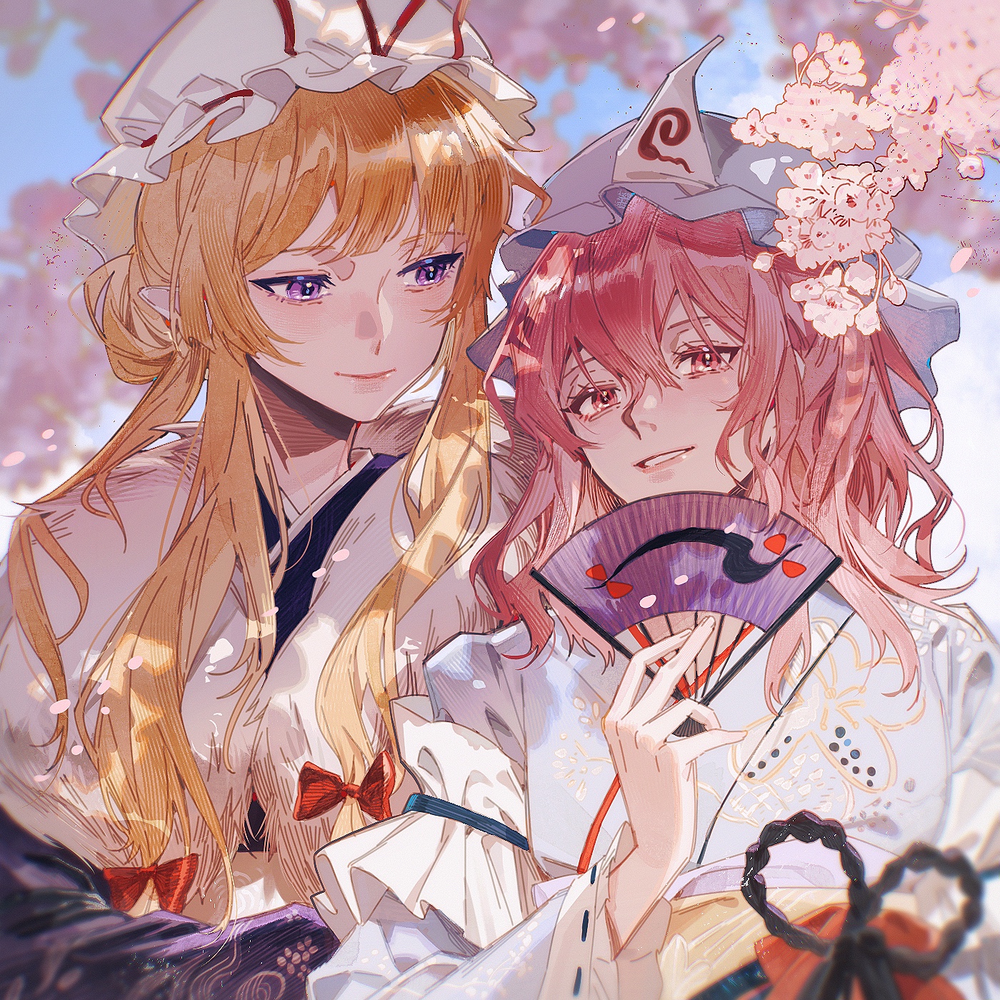 two anime girls stand together in a field of cherry blossoms. the girl on the left has long blonde hair and is wearing a white kimono with a red bow. she is smiling and looking at the girl on the right. the girl on the right has long pink hair and is wearing a white kimono with a floral design. she is smiling and holding a hand fan. they both look happy and content, suggesting a strong friendship. the background is filled with cherry blossoms, creating a romantic and serene atmosphere. the artwork is beautifully rendered, with intricate details and a soft color palette.