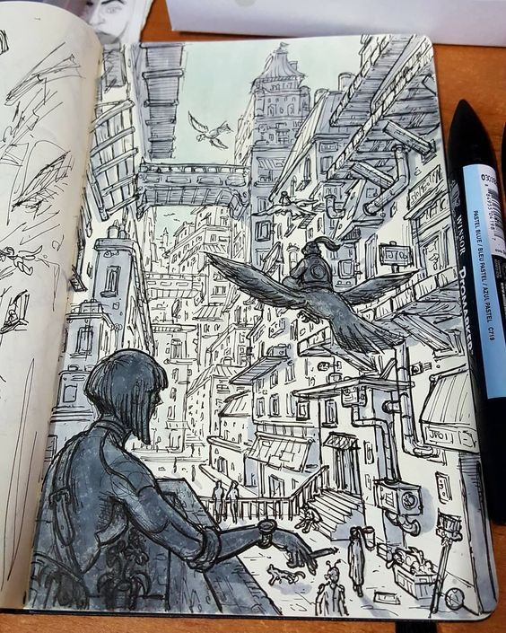 a detailed ink drawing depicting a futuristic or steampunkstyle city scene.  the artwork is done in a sketchbook, with the page open to show the drawing and some preliminary sketches on the opposite page.  a woman with short hair is sitting and looking out from a building overlooking a busy, intricately designed cityscape with many interconnected structures, bridges, pipes, and wires. a large bird, possibly a crow or raven, is prominently featured flying across the middle of the cityscape. the style is detailed and dense, with a focus on the architectural intricacies of the urban environment.  pencils and a marker are visible next to the sketchbook, indicating the tools used to create the artwork. the overall tone is monochrome, using shades of grey and black ink.