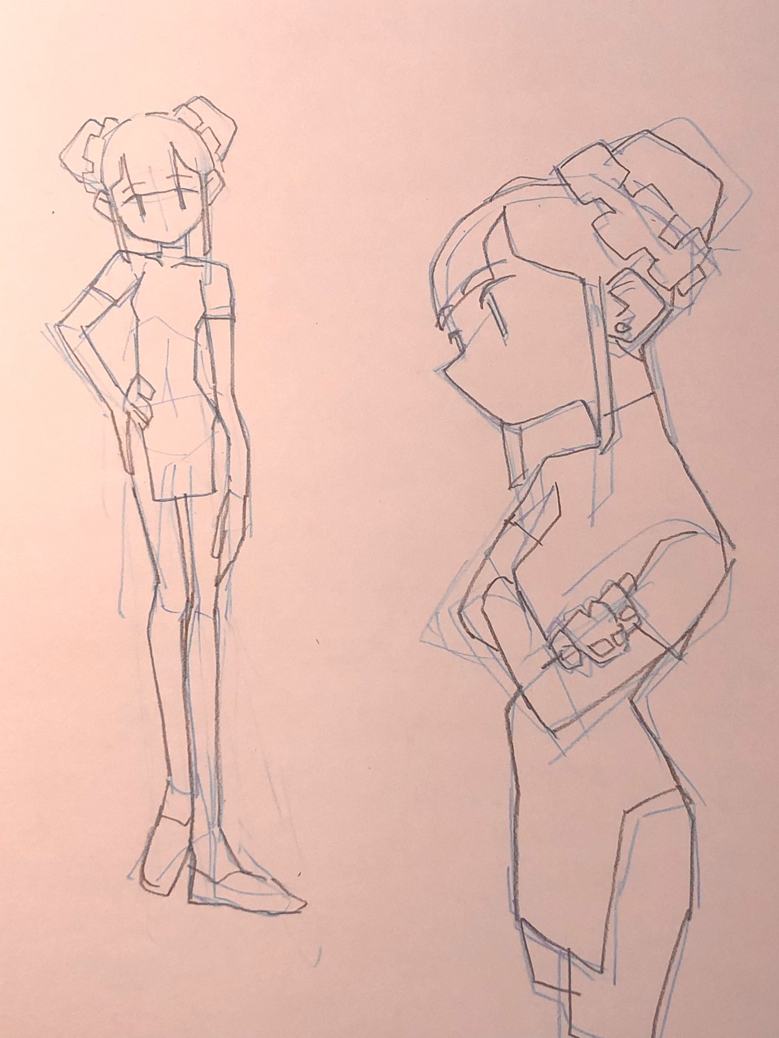 this is a sketch of two women posing in a dress.  one is posing with her hand on her hip, and the other is standing with her arms crossed. the drawings are done in a cartoon style, with exaggerated features such as large eyes and small mouths. the lines are loose and fluid, and the overall effect is one of movement and energy.