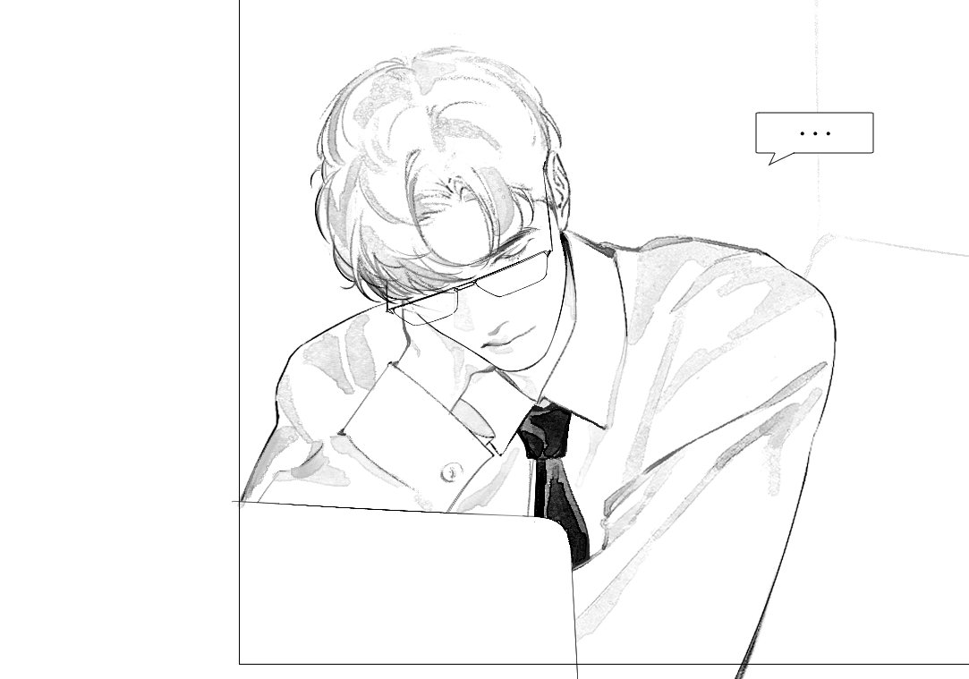 a black and white sketch of a man in a suit sitting at a desk with his hand on his chin, looking thoughtful. he is wearing glasses and a tie. he is likely an office worker.