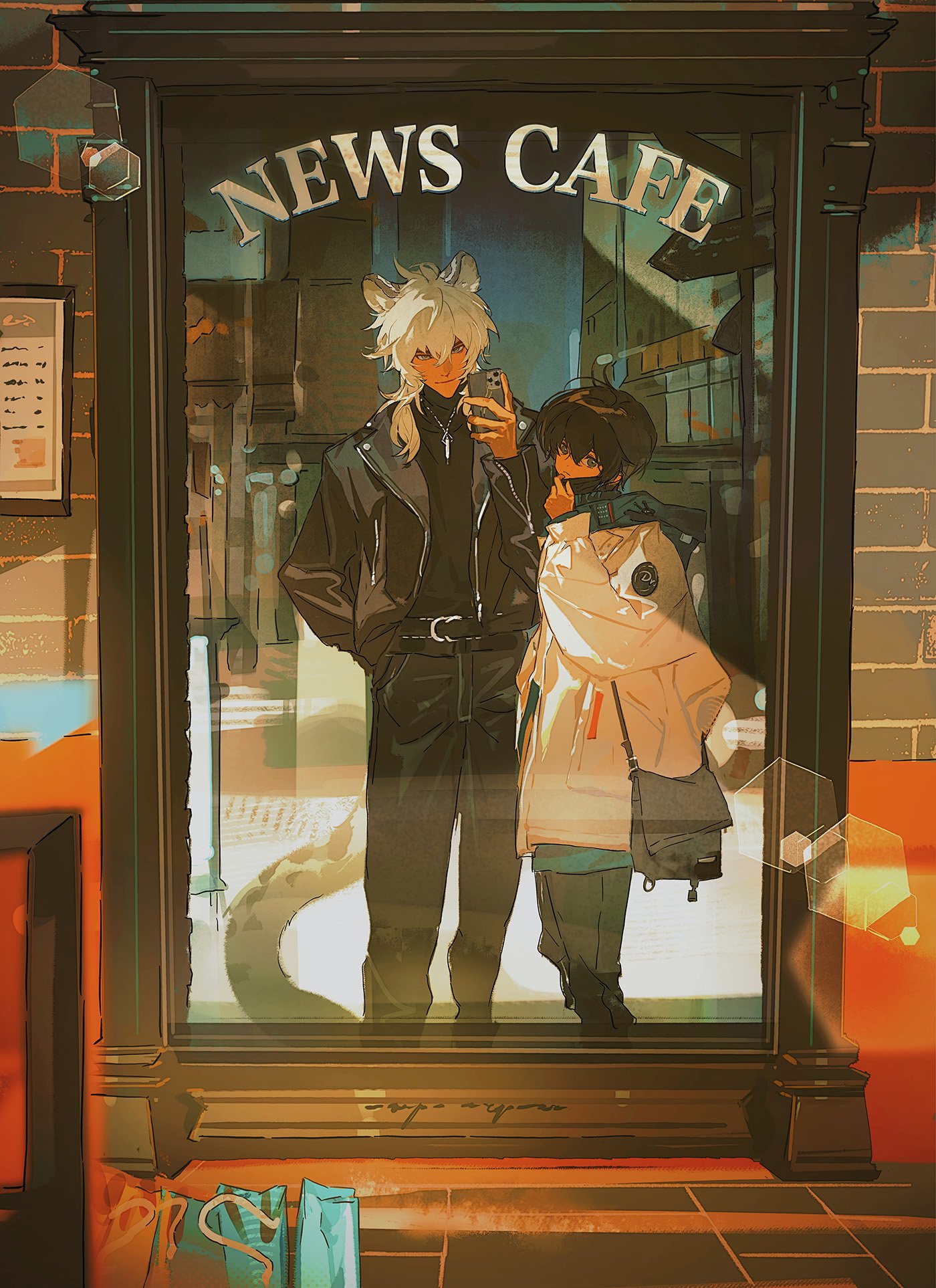 the image is a digital painting or illustration depicting an animestyle boy and girl reflected in a news cafe window. the boy has white hair and is wearing a black leather jacket, while the girl has dark hair and wears a white jacket. they appear to be taking a selfie with a phone. the setting is an urban street at night, with warm lighting and shadows creating a stylish and moody atmosphere. the overall style is modern and contemporary, with a focus on character design and atmosphere. the artwork is detailed and expressive, with a vibrant color palette and dynamic composition.