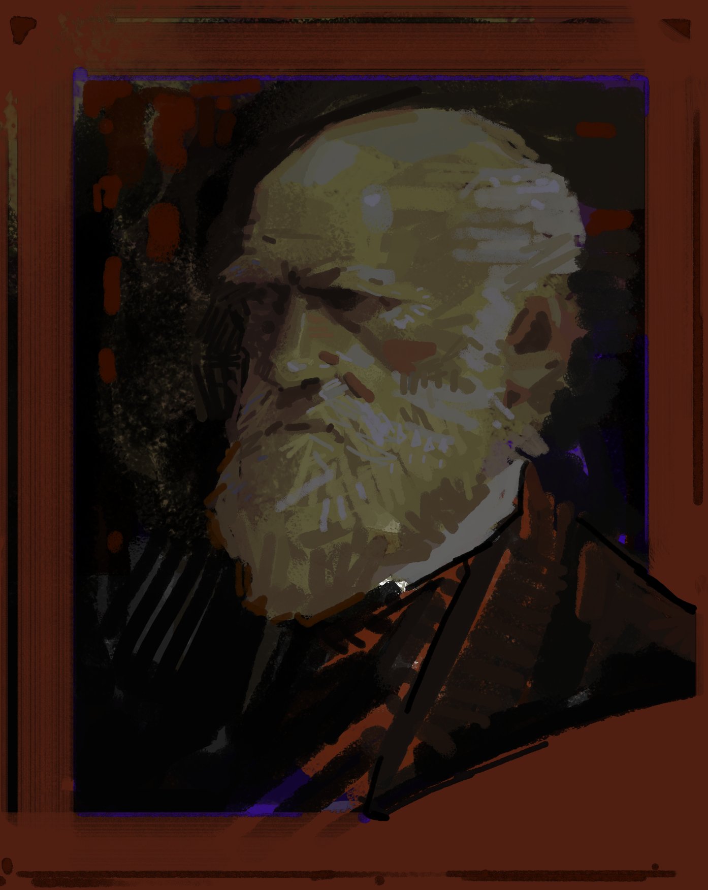 a painting of an elderly man with a white beard and hair. he is wearing a dark suit and has a serious expression. the painting is done in a dark, sketchy style with brushstrokes visible. the painting is framed in a brown frame.