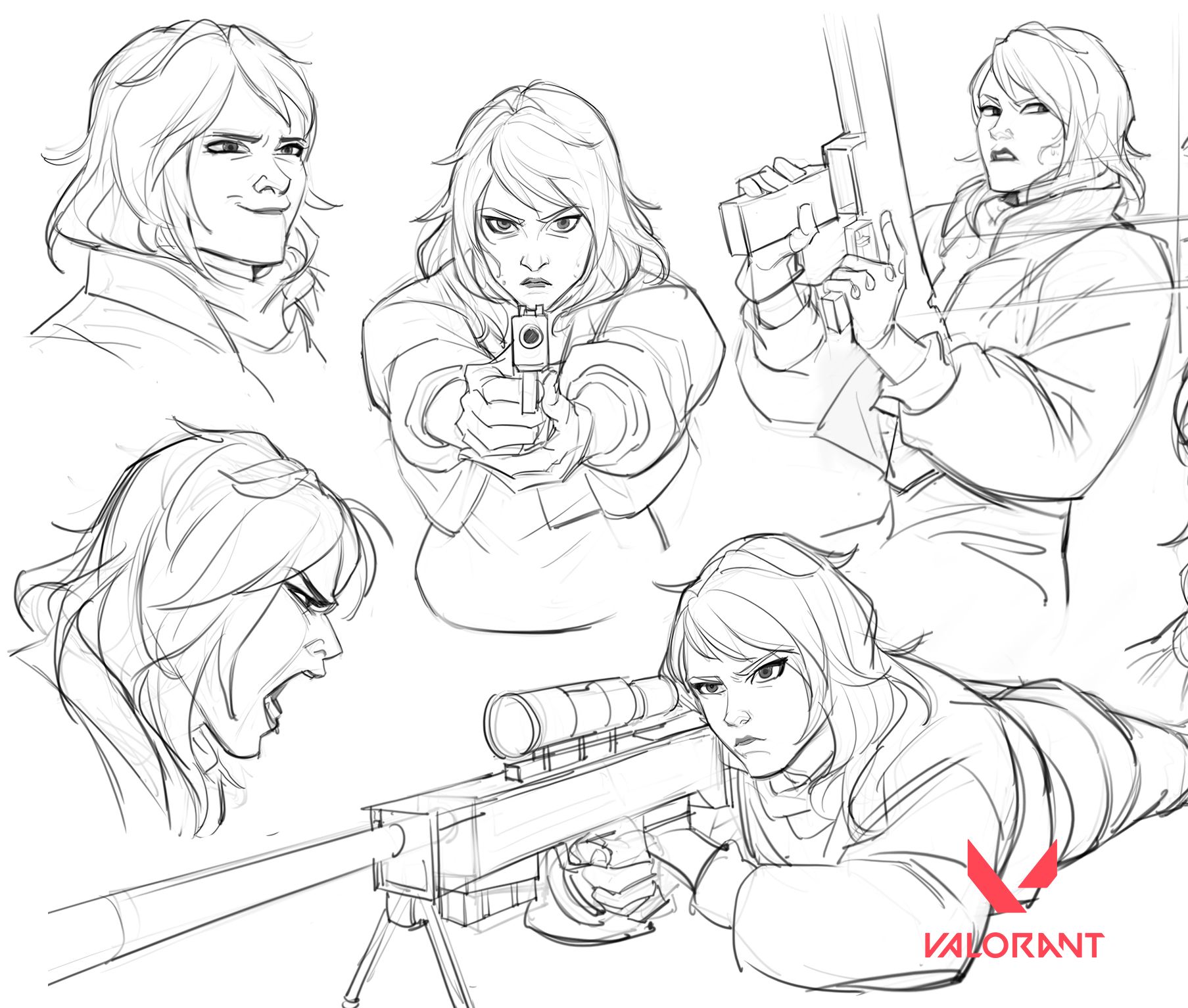 his image shows a collection of character design sketches for a female character in the valorant video game. the sketches display various poses and expressions of the character, showcasing her with a pistol, a sniper rifle, and other various actions. the style is dynamic and expressive, using light pencil strokes to depict different perspectives and angles.  the valorant logo is subtly included in the bottom right corner.