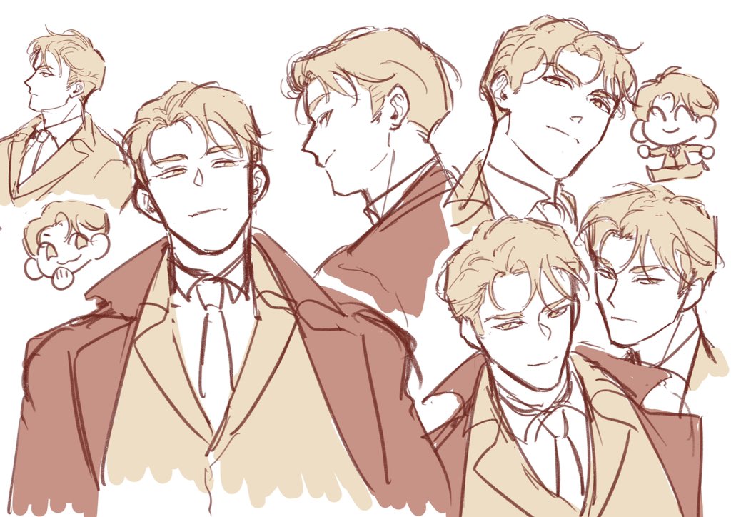 this image is a sketch of a man in a suit. he has blonde hair and is wearing a tie and collar. the image is in a manga/anime style and is drawn with a lot of detail. the character's expression is serious and there is a sense of mystery about him. the background is white and the lines are very thin. the overall style is simple and elegant.