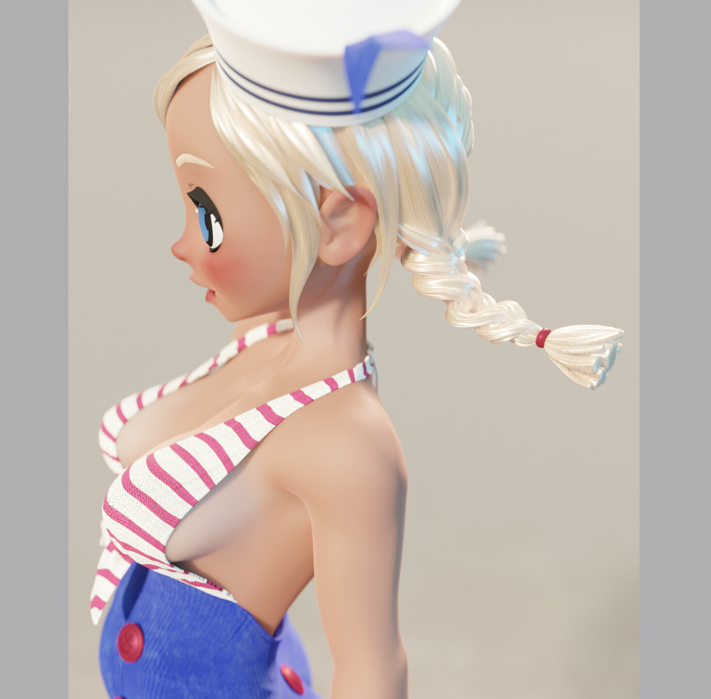 this is a 3d render of an anime girl with blonde hair in braids. she is wearing a sailor hat and a pink and white striped swimsuit. the girl is smiling and looks very happy and playful.