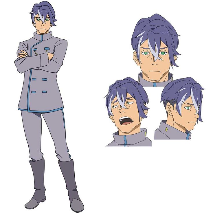 this image is an anime character design sheet for a male character. it features a fullbody illustration of the character in a grey suit and boots, as well as three headshots with different facial expressions. the character has purple hair, green eyes, and a serious expression. the design sheet is welldrawn and detailed.