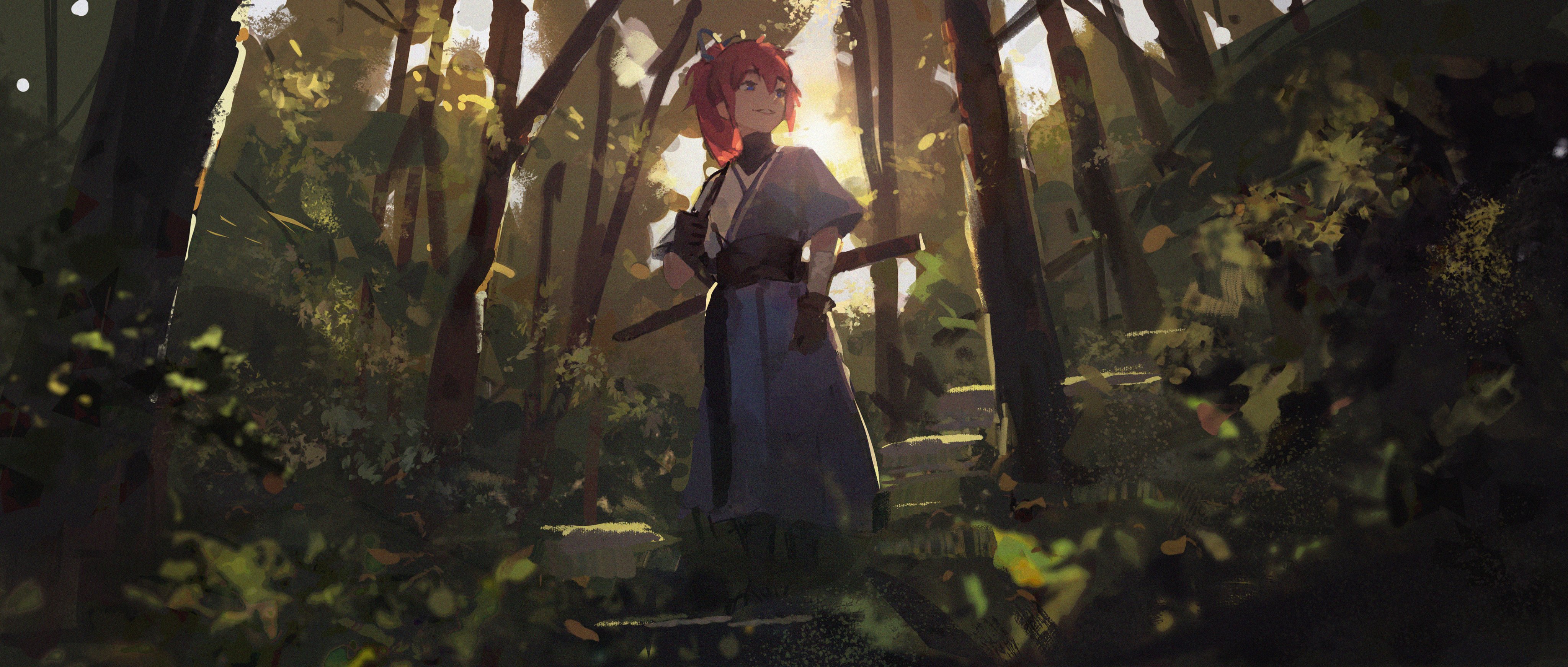 the artwork depicts a young animestyle woman with long, vibrant red hair, dressed in a flowing, bluishgray samuraistyle outfit. she carries a katana, partially visible at her hip. she stands in a sundappled forest, the light filtering through the trees and creating a peaceful and mystical atmosphere. the art style is loose and painterly, with visible brushstrokes creating a sense of movement and depth.  the overall feeling is one of serene contemplation within a fantasy setting.