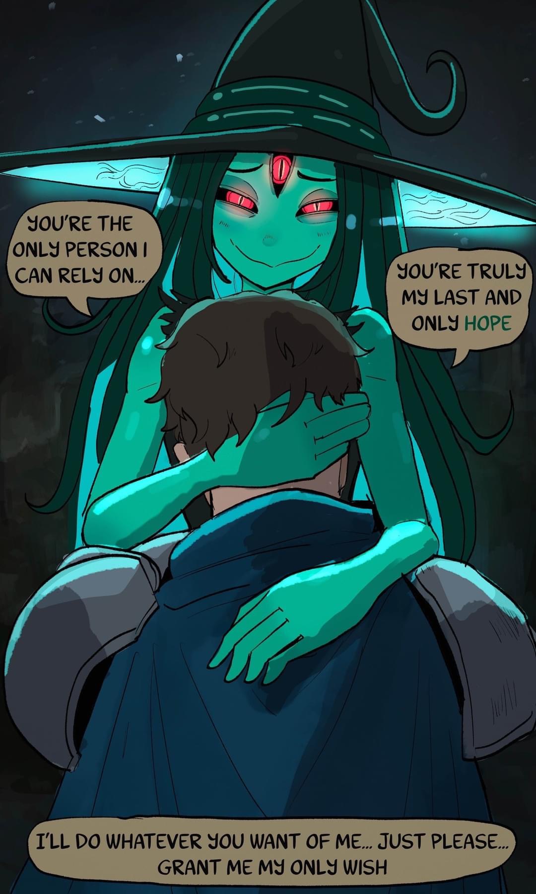 the image is a digital drawing or painting in a style reminiscent of webcomics or manga. it depicts a scene where a tealskinned witch with long green hair and a pointed hat is embracing a man dressed in dark clothing. the witch has a third eye and appears to be making a desperate plea, as indicated by speech bubbles revealing her emotional state and a request for her "only wish" to be granted. the overall atmosphere is dark and mysterious, evoking a sense of fantasy and perhaps a supernatural or magical context. the art style is expressive, with bold lines and a somewhat simplistic yet detailed rendering of the characters.