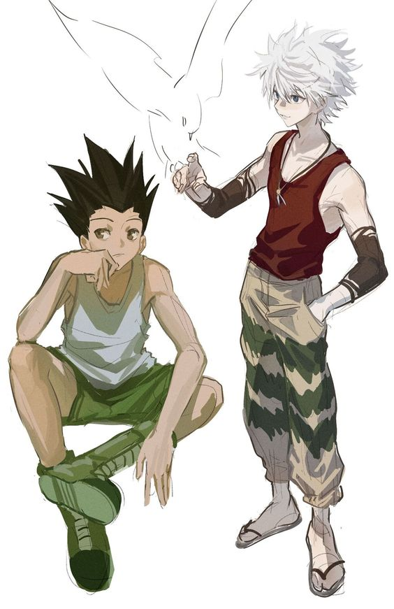 the image is a sketch featuring gon freecss and killua zoldyck from the anime and manga hunter x hunter.  gon, on the left, is crouching and looking at killua with a thoughtful expression. he's wearing a green tank top and shorts. killua, on the right, is standing with a hand on his hip and a neutral expression. he's wearing a red tank top, camouflage pants, and arm wraps.  a white bird, likely killua's companion, perches on his hand. the style is loose and expressive, using varying line weight and minimal shading.  the overall palette is muted, focusing on browns, grays, and muted greens.