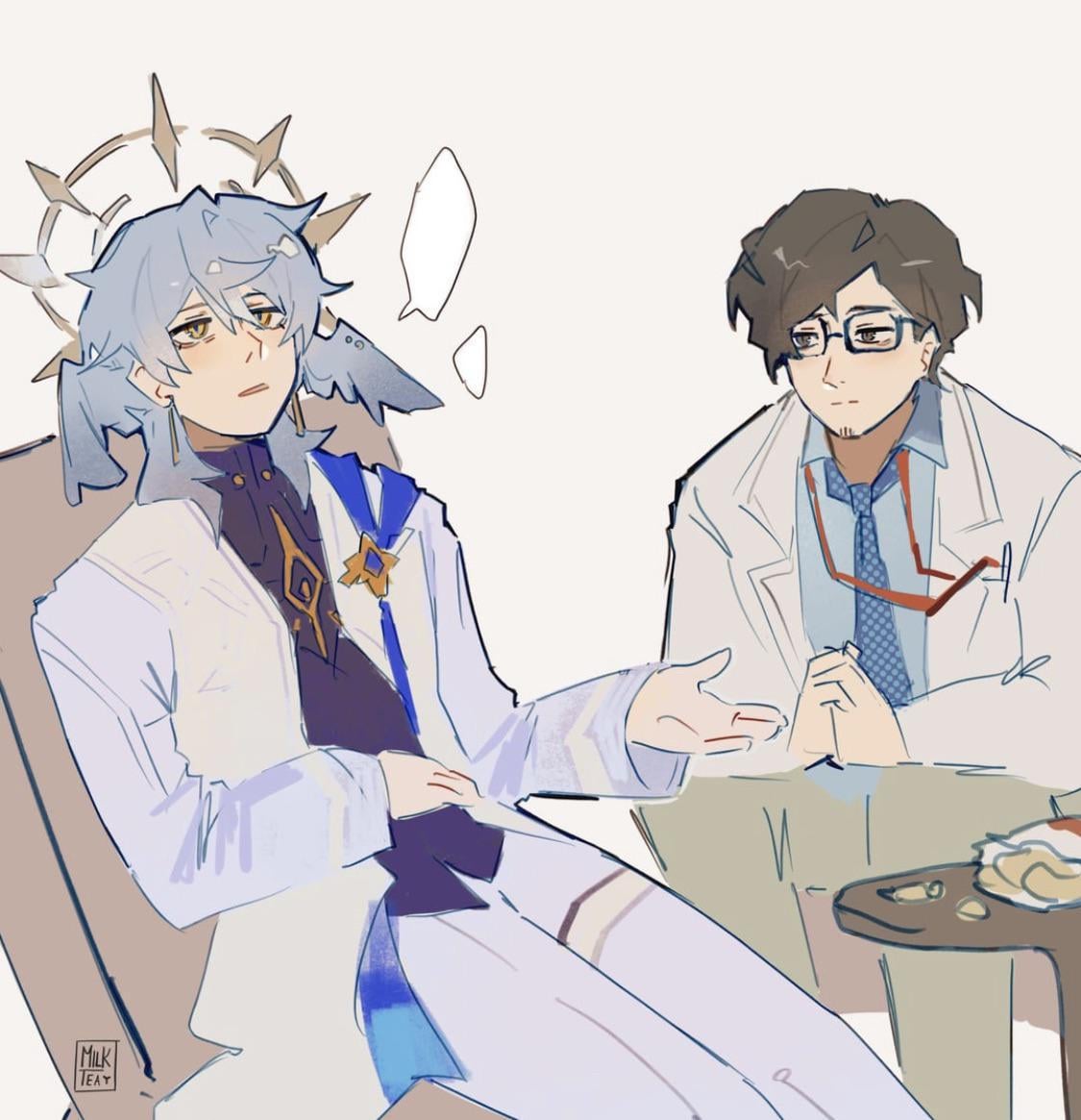 the image is a piece of fanart depicting heizou (from genshin impact) as a patient, sitting and speaking with raiden shogun (also from genshin impact), who is dressed as a doctor or therapist.  heizou is wearing his usual clothes with a white coat over them, and a faint halo and wings are visible behind him.  raiden shogun is wearing a white doctor's coat and glasses. they are sitting at a small table, suggesting a consultation or informal conversation. the art style is soft and pastel colored with loose lines, characteristic of digital sketches. the overall tone is calm and somewhat pensive.