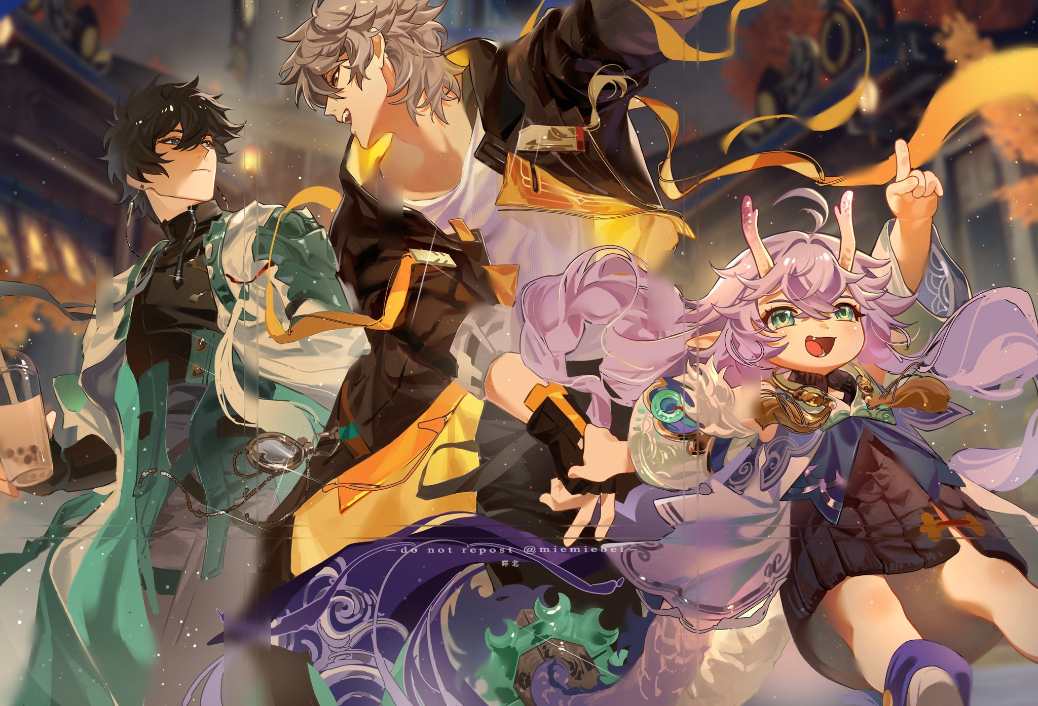 the image is an animestyle illustration featuring three characters from the popular video game genshin impact. in the center is a cute, chibistyle ganyu, a cryo archon, with her long, flowing purple hair and adorable outfit. to her right, is albedo, a geo character, with his signature white hair and a yellow and orange outfit. on her left is xiao, a anemo character, with his black hair and a green and white outfit. xiao is holding a cup of boba tea.