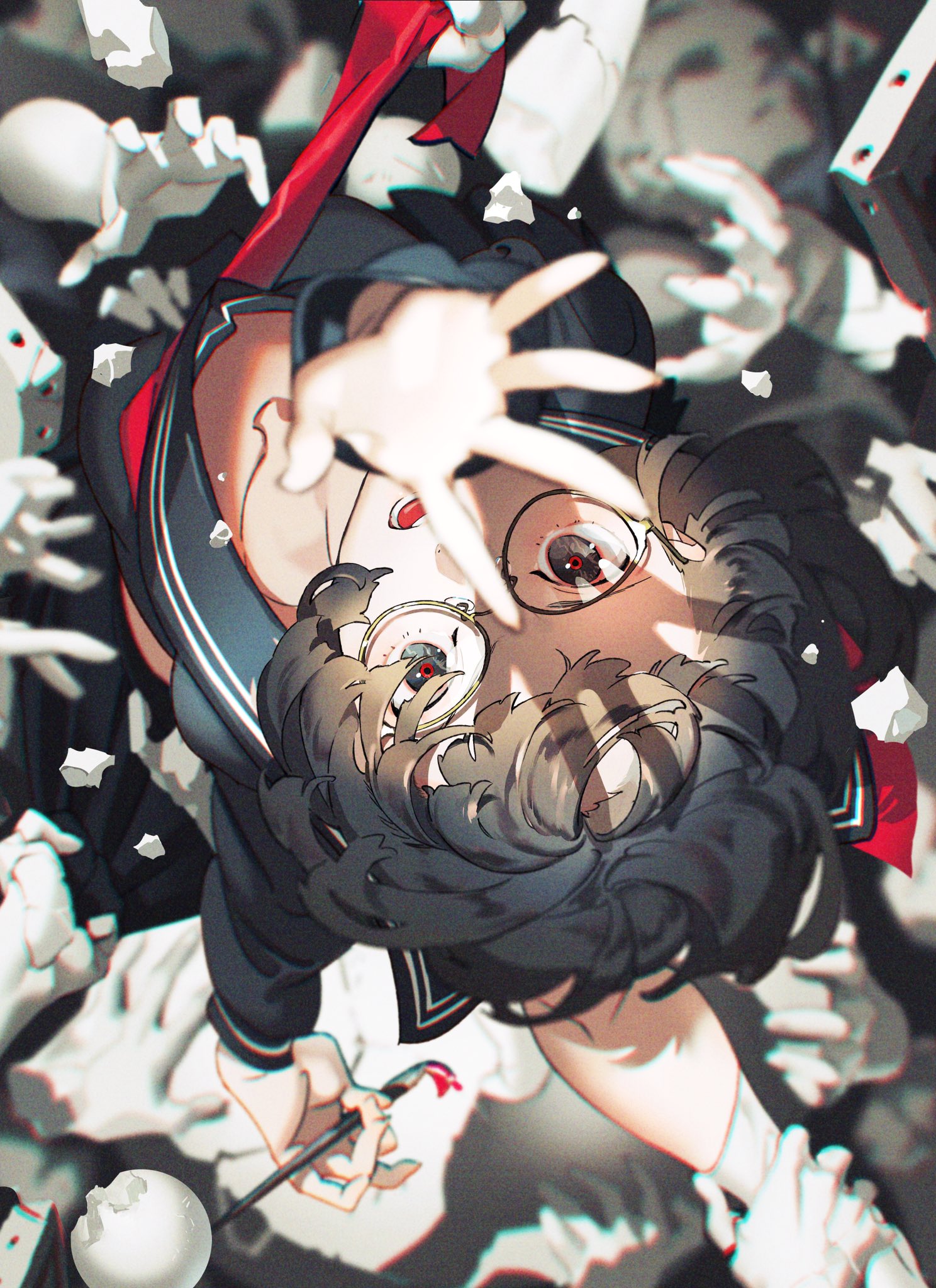 an anime girl with black hair and brown eyes wearing a school uniform with a red ribbon is falling through the air surrounded by many hands. the background is white with black and gray shadows, and there is a strong sense of motion and energy in the image. the girl has a serious expression on her face.