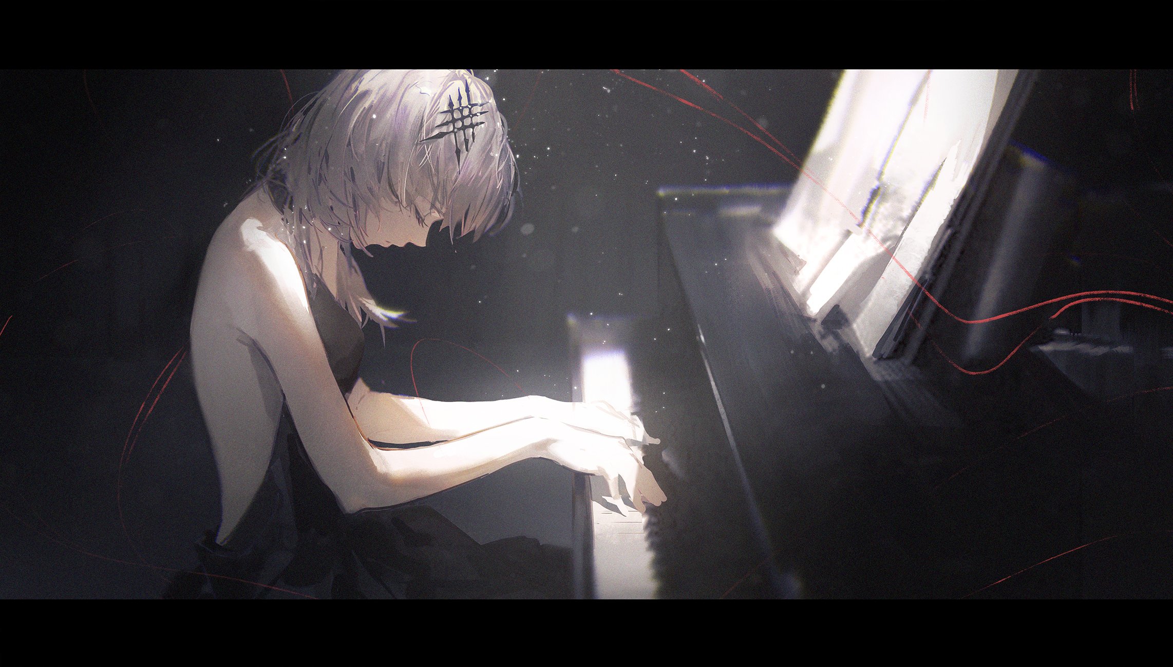 a digital art illustration of an anime girl with white hair playing a piano. the girl is wearing a black dress and her hair is styled with a black cross symbol on top of it. there are faint red lines in the background. the illustration has a dark background with a white glow from the piano keys.